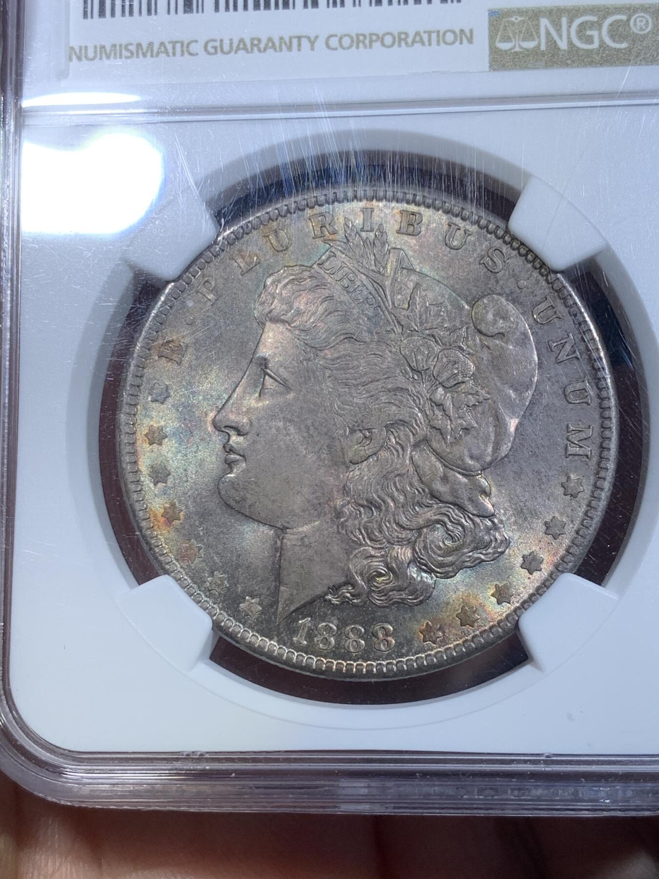 《竞宝斋》第269场- 周日，周一，周二  3场连拍 （全场包邮） NGC MS64 美国 1888年 摩根银币 原味五彩 美轮美奂