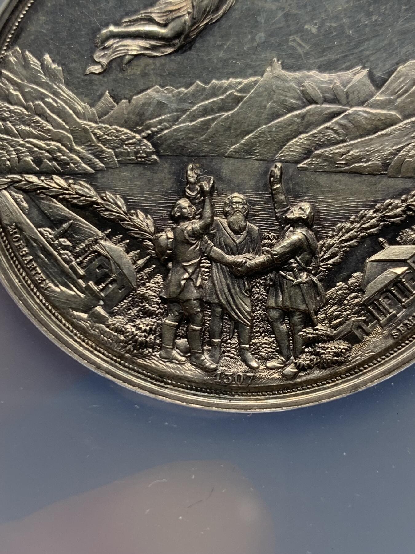 《竞宝斋》第269场- 周日，周一，周二  3场连拍 （全场包邮） NGC UNCD 1891年 瑞士联邦600周年纪念银章 镜面感强烈 背面设计极美 NGC加大盒