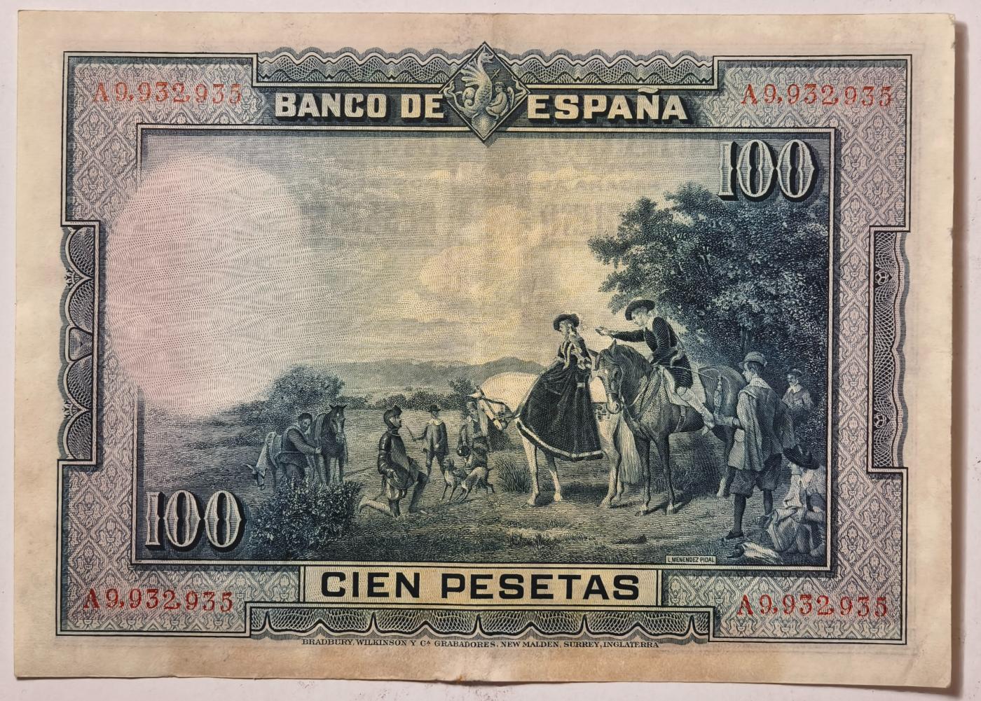 紫瑗钱币——第351期拍卖——纸币场 西班牙 1928年 中央银行 油画《唐吉坷德》 100比塞塔 AU