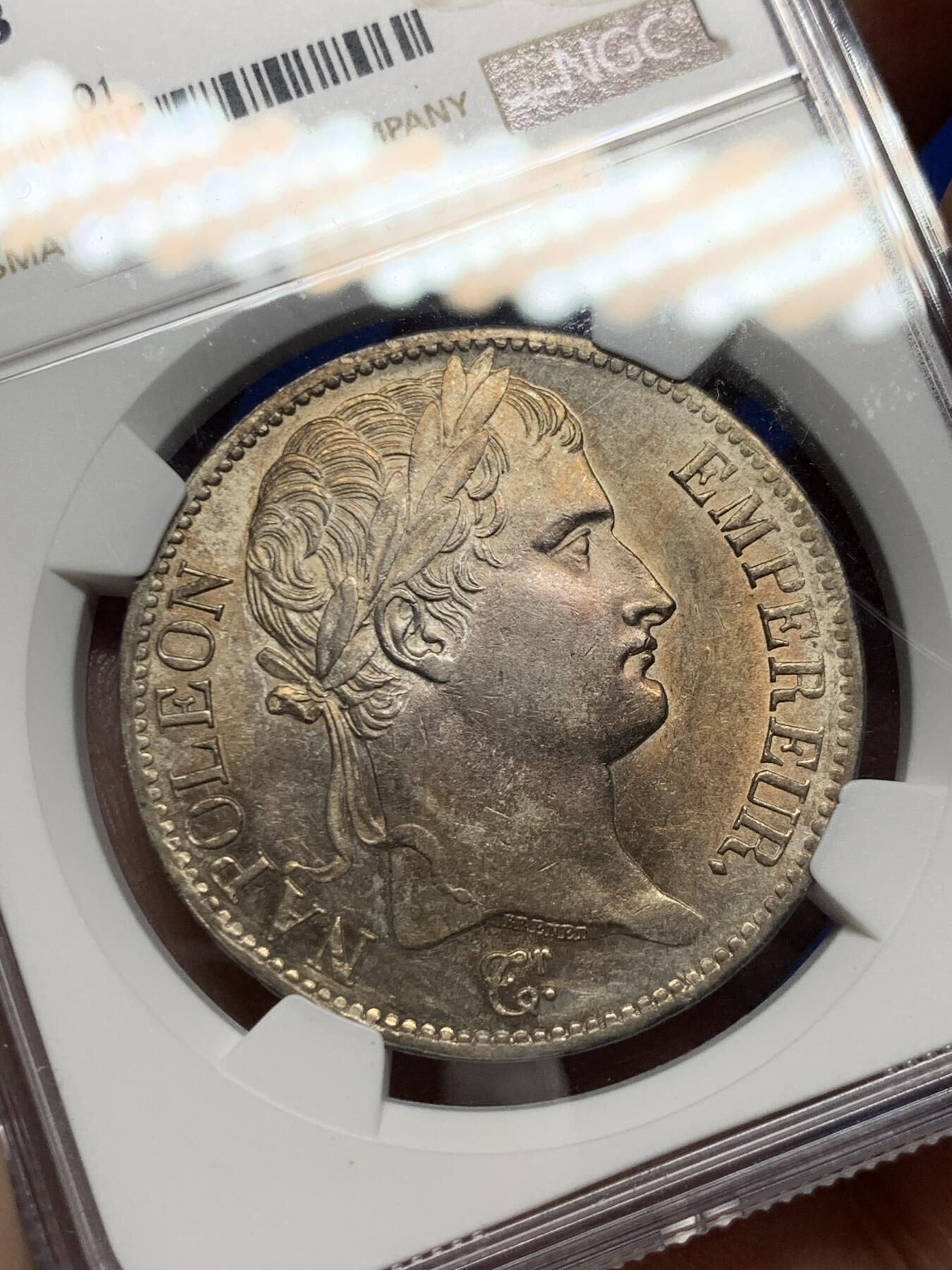 《竞宝斋》第269场- 周日，周一，周二  3场连拍 （全场包邮） NGC AU58 法国1811年拿破仑头像5法郎 原光深打好品