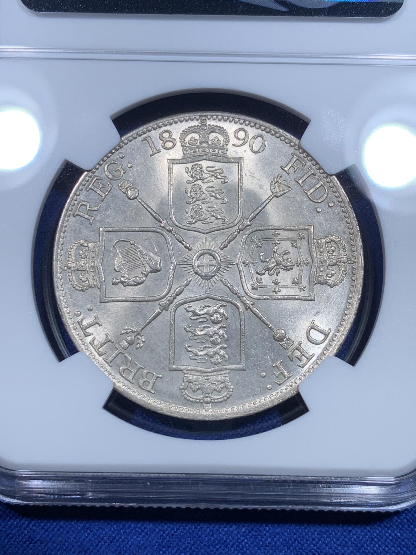 《竞宝斋》第269场- 周日，周一，周二  3场连拍 （全场包邮） NGC MS62 英国1890年维多利亚高冠双弗洛林银币