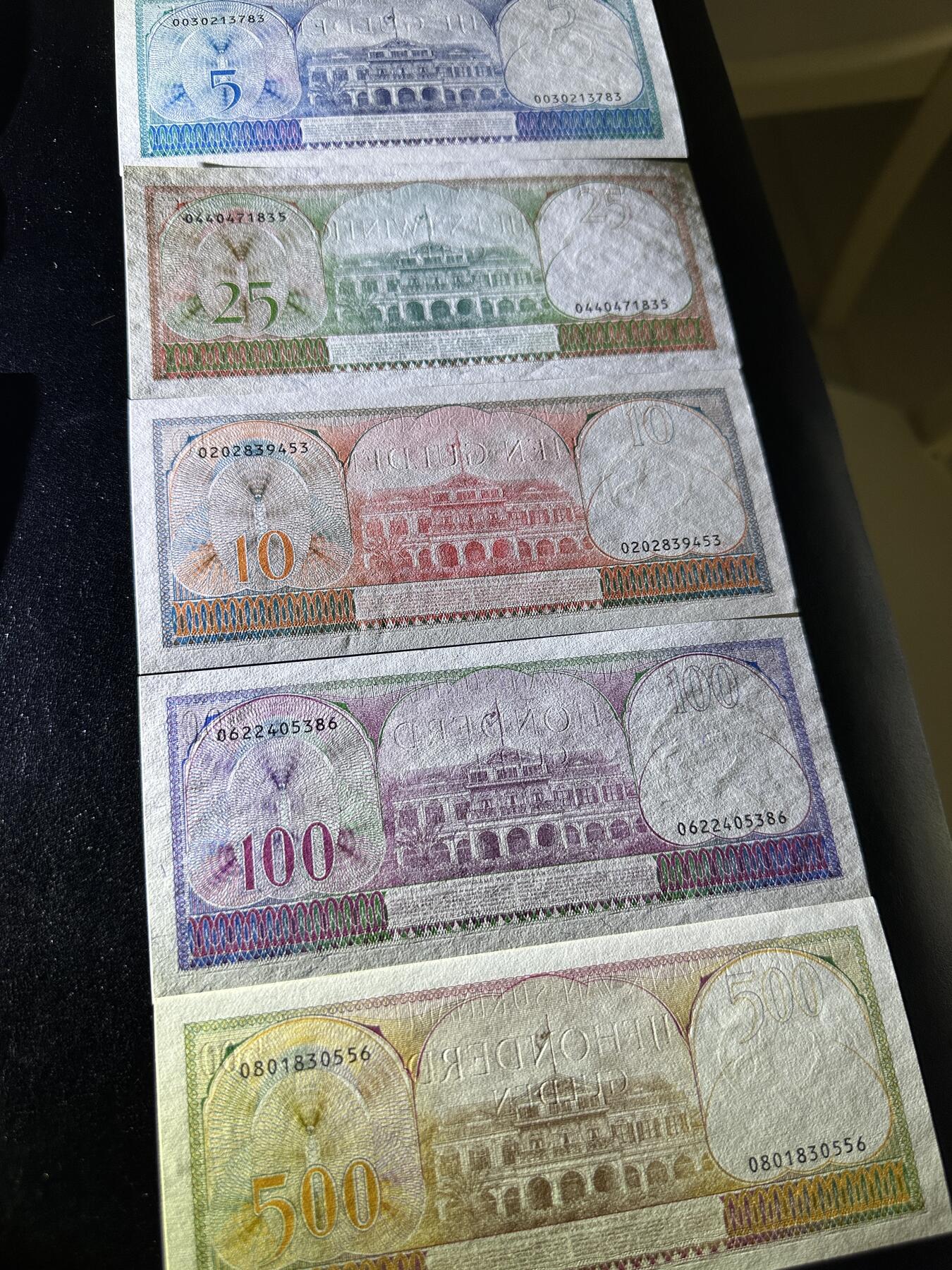 《外钞收藏家》第三百七十期（美洲纸币+其他） 苏里南1982-85年版套币，5/10/25/100/500盾，5枚难得的全套	P125-129 全新 两张极轻微潮