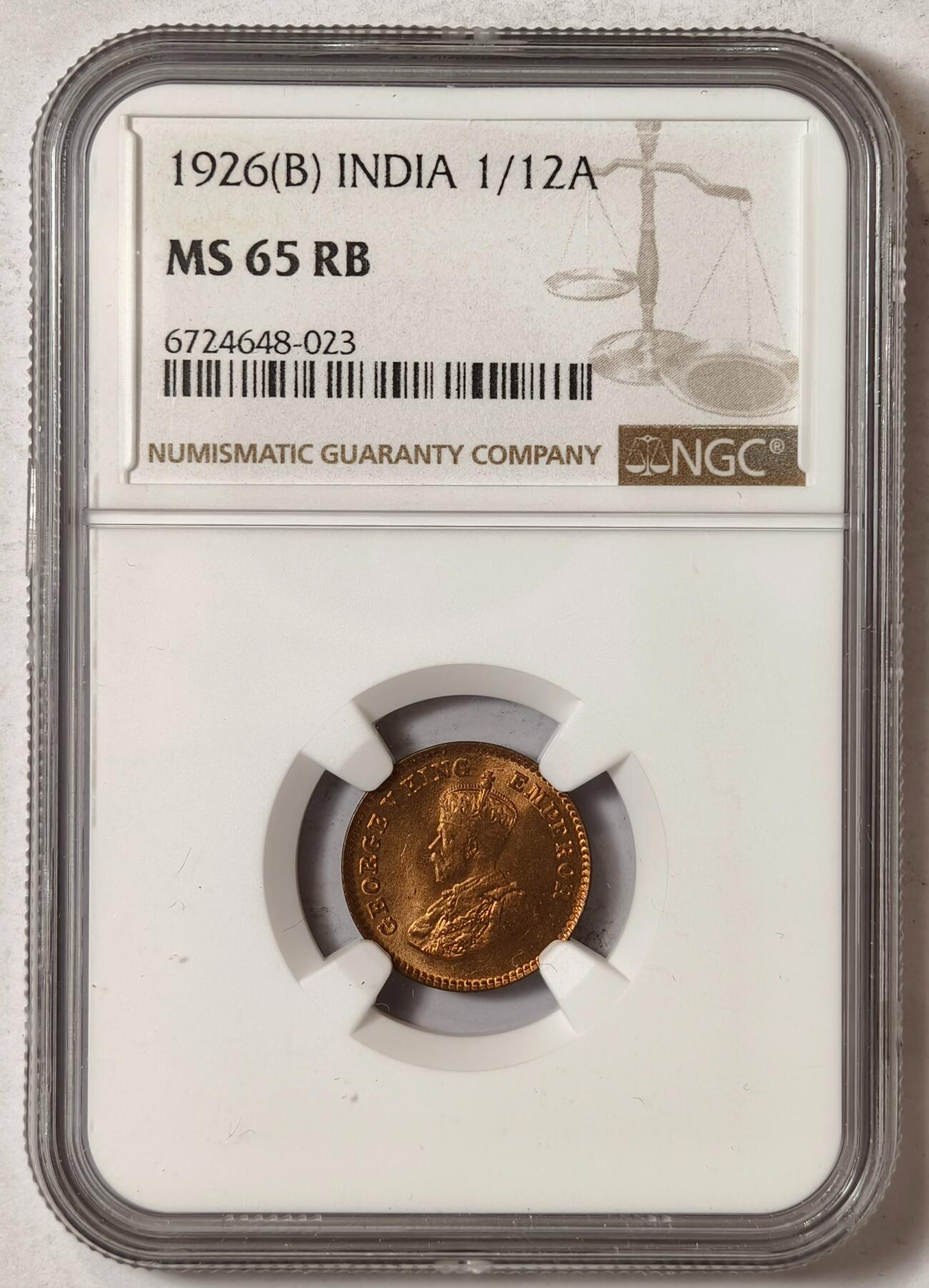 紫瑗钱币——第352期拍卖 英属印度 1926年 B版 乔治五世 1/12安娜 铜币 NGC MS 65 RB