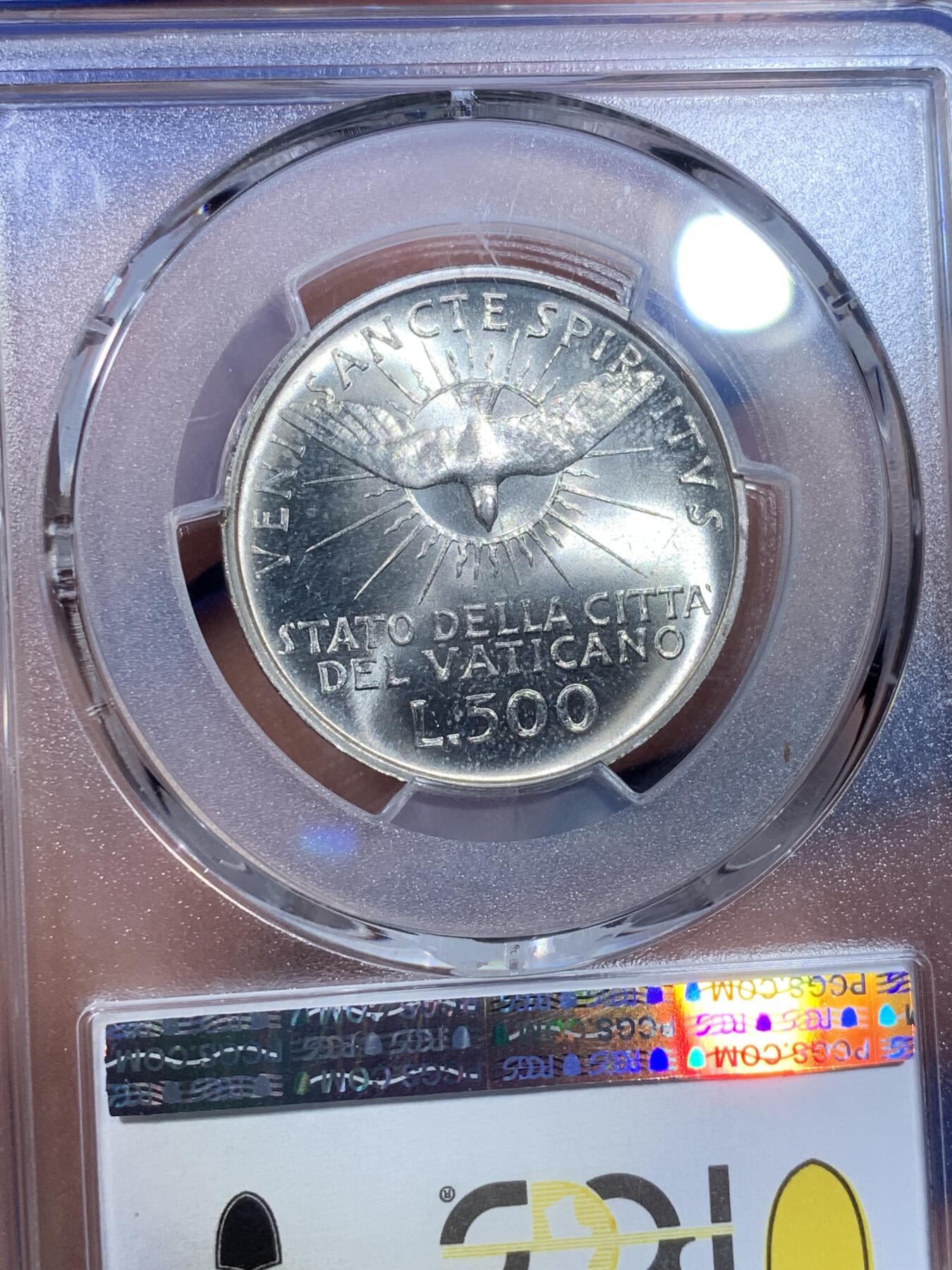 《竞宝斋》第269场- 周日，周一，周二  3场连拍 （全场包邮） PCGS MS67 梵蒂冈1963年缺位500里拉银币 高分亚军分 单面环彩