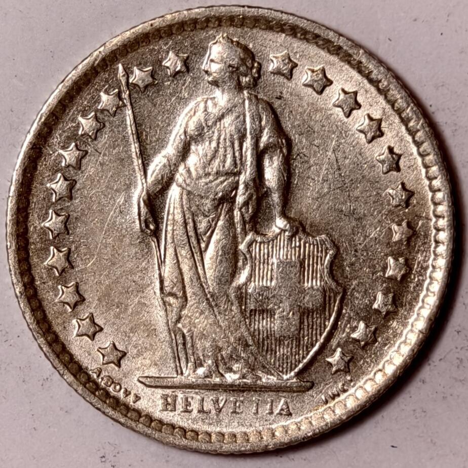 紫瑗钱币——第352期拍卖 瑞士 1963年 B版 赫尔维蒂女神 1/2法郎 2.5克 0.835银 UNC 