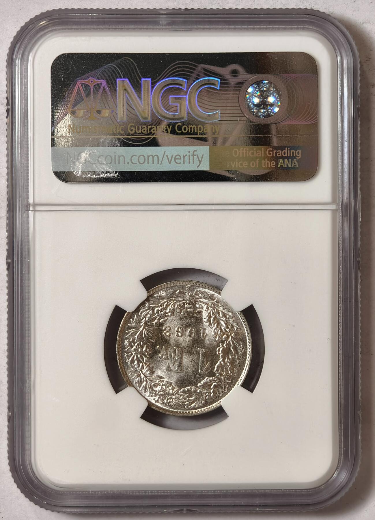 紫瑗钱币——第352期拍卖 瑞士 1963年 B版 赫尔维蒂亚 1法郎 银币 NGC UNC Detail