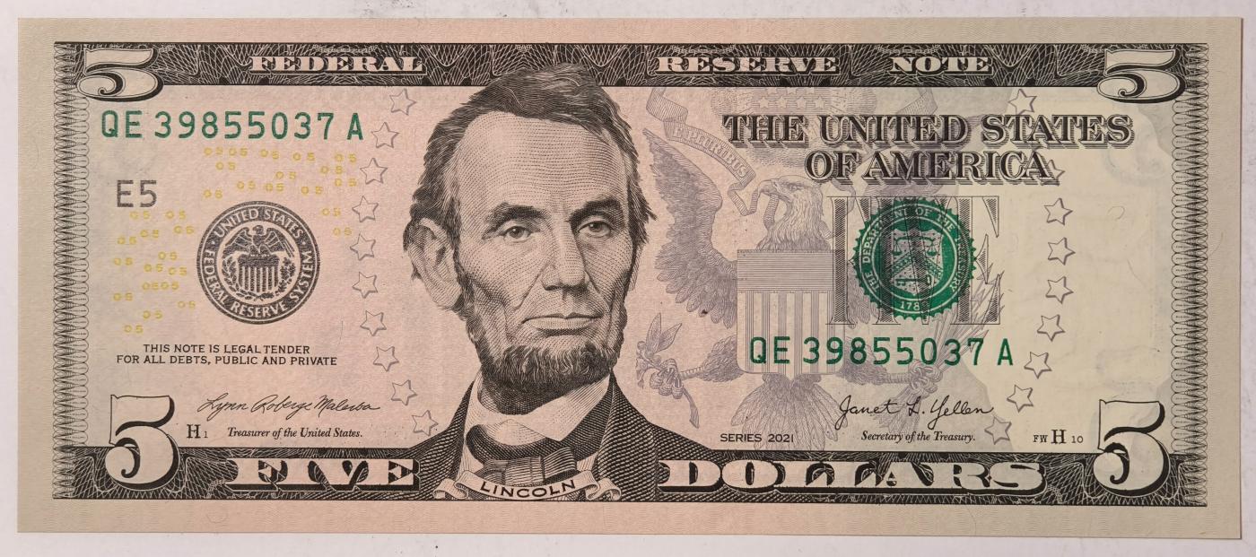 紫瑗钱币——第351期拍卖——纸币场 美国 2021年 E版 无序列 亚伯拉罕·林肯 5美元 彩色版 UNC