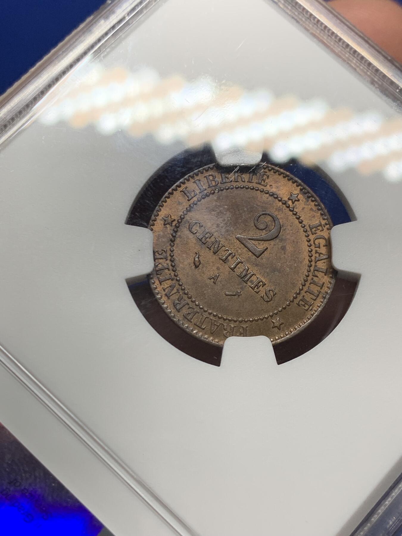 《竞宝斋》第269场- 周日，周一，周二  3场连拍 （全场包邮） NGC MS64BN 法国1886年谷物女神2C铜币 更高分仅一枚 亚军分