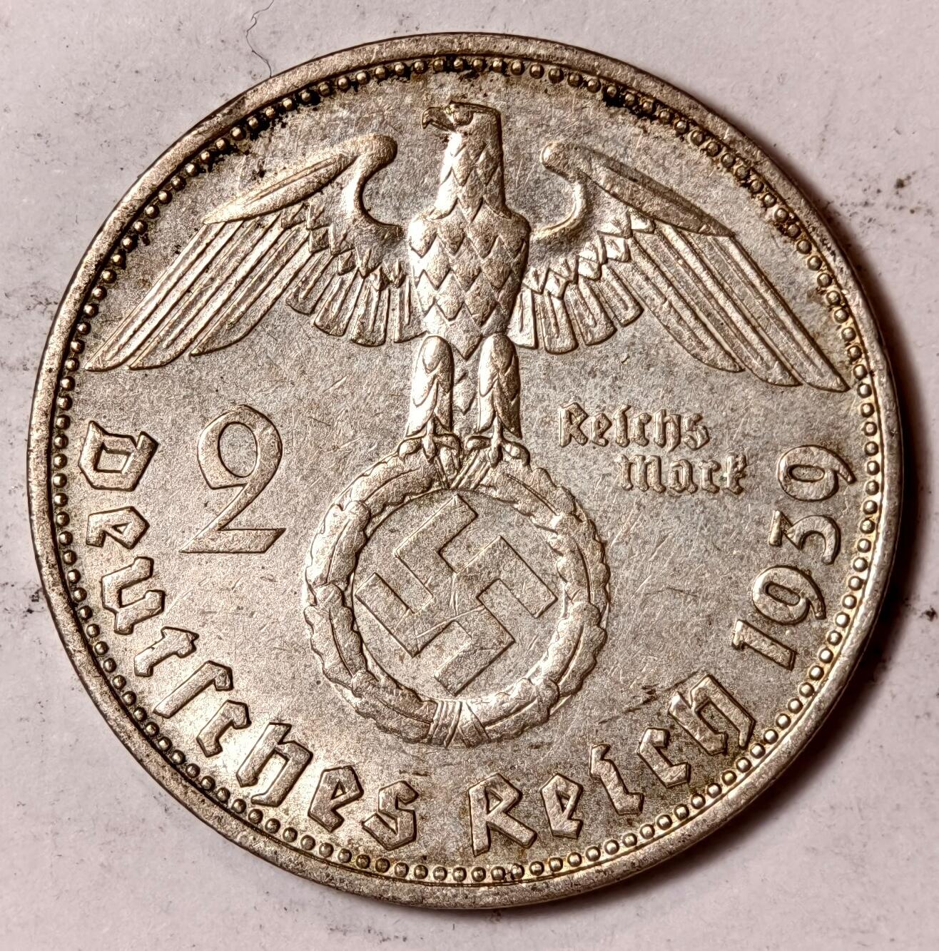 紫瑗钱币——第352期拍卖 德国 1939年 D版 兴登堡 字符 2马克 8克 0.625银