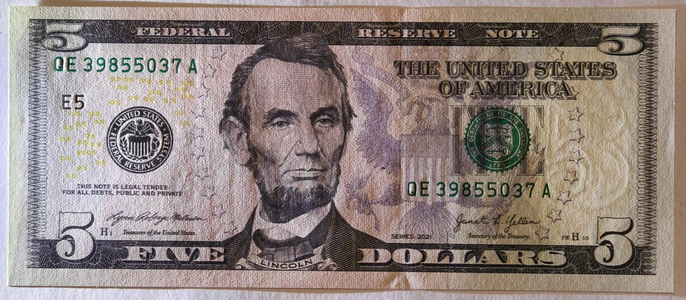 紫瑗钱币——第351期拍卖——纸币场 美国 2021年 E版 无序列 亚伯拉罕·林肯 5美元 彩色版 UNC