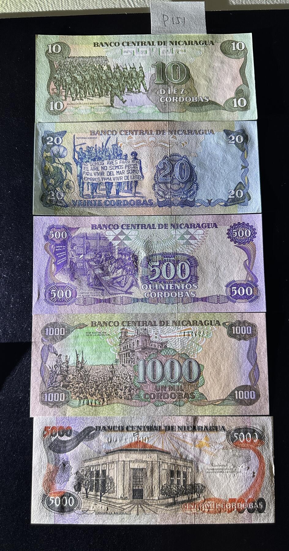 《外钞收藏家》第三百七十期（美洲纸币+其他） 尼加拉瓜早期套币10/20/500/1000/5000，5枚	P151-157 全新 有两张极轻微潮