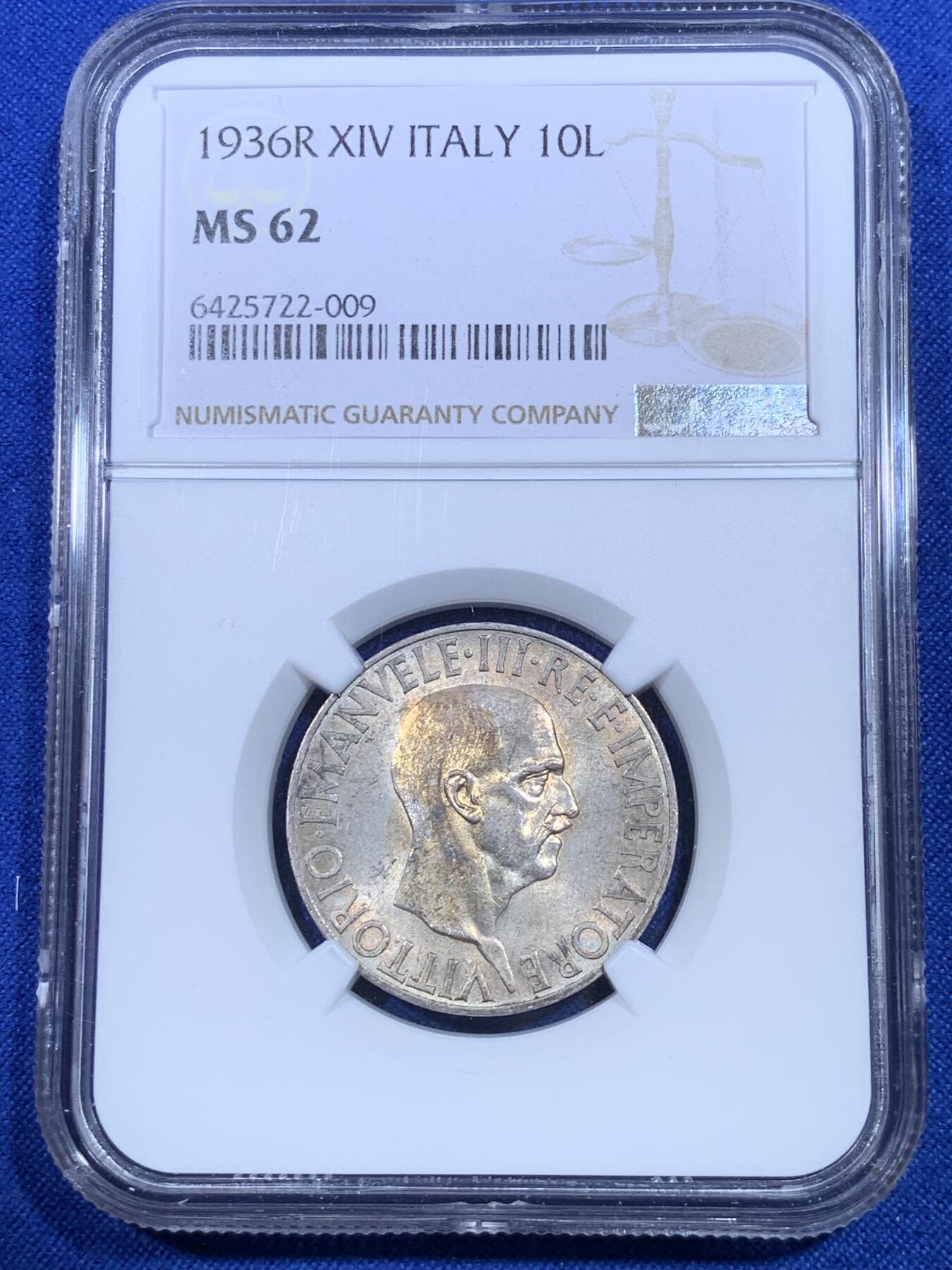 《竞宝斋》第269场- 周日，周一，周二  3场连拍 （全场包邮） NGC MS62 意大利1936年10里拉银币 法西斯时期发行 整体淡金彩 背面经典拿着束棒的亚平宁女神屹立船头形象