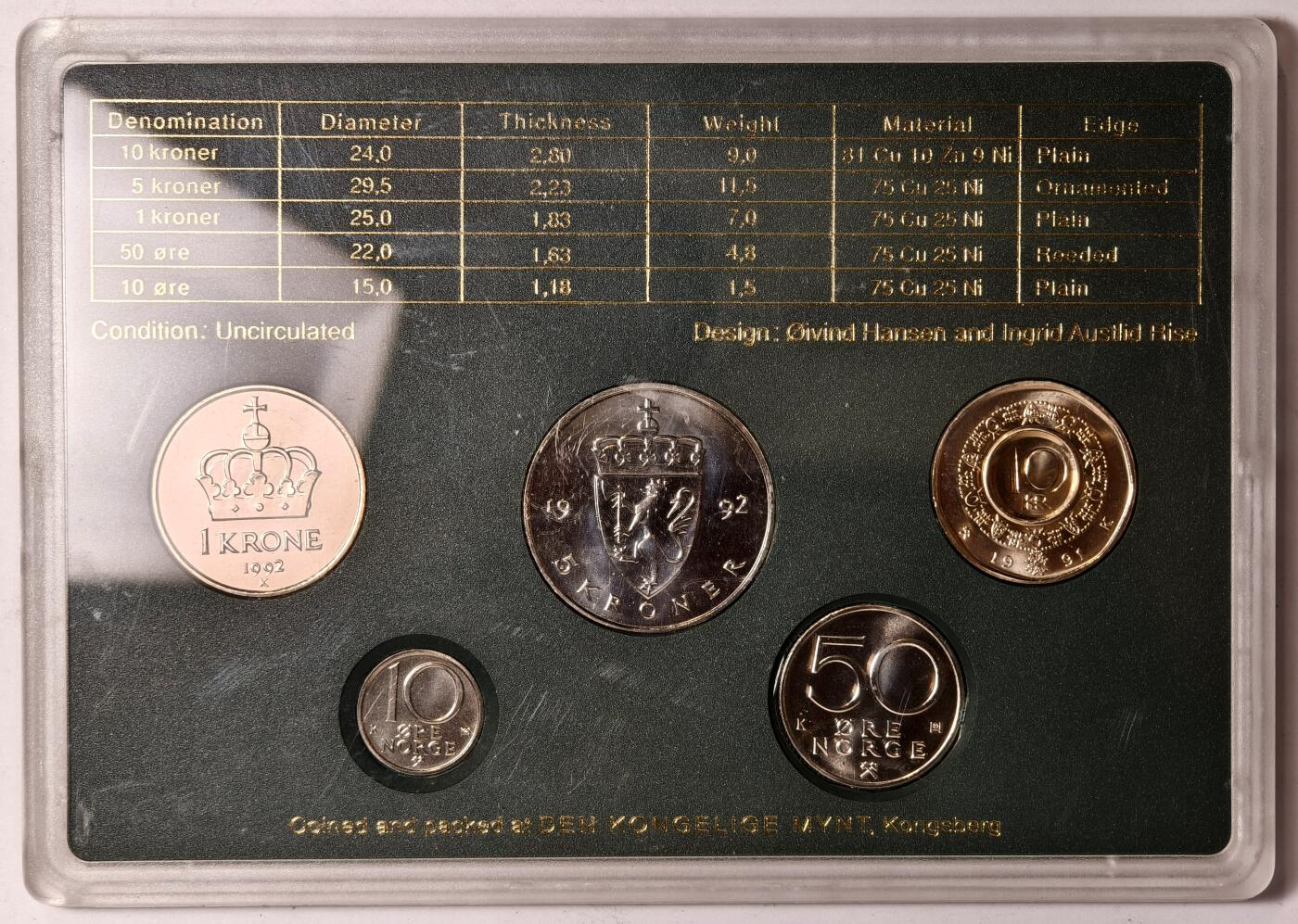 紫瑗钱币——第352期拍卖 挪威 1992年 流通硬币 10欧尔-10克朗 5枚套 原盒