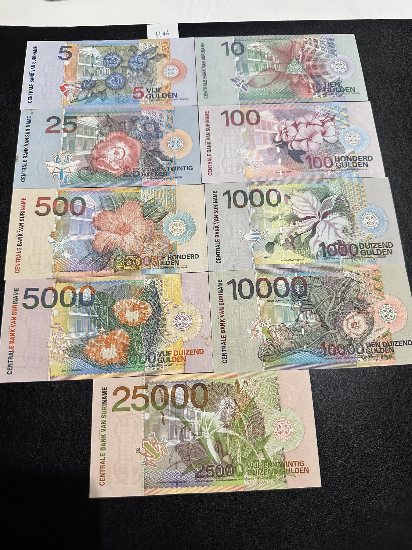 《外钞收藏家》第三百七十期（美洲纸币+其他） 苏里南2000年版套币，5/10/25/100/500/1000/5000/10000/25000盾，9枚难得的全套	P146-154 全新 除了最大面额 其他都有个别黄潮斑 最大面额25000品相好
