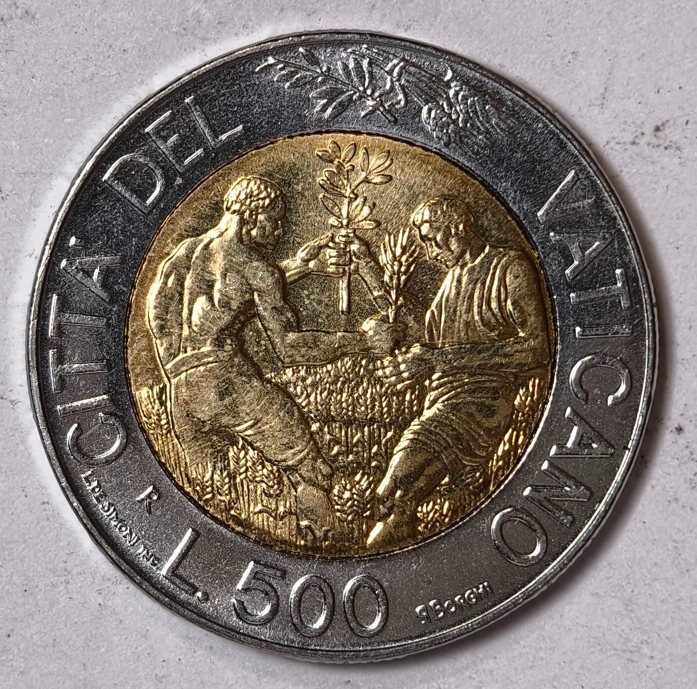 紫瑗钱币——第352期拍卖 梵蒂冈 1998年 保罗二世 2个农民 500里拉 双色币 UNC