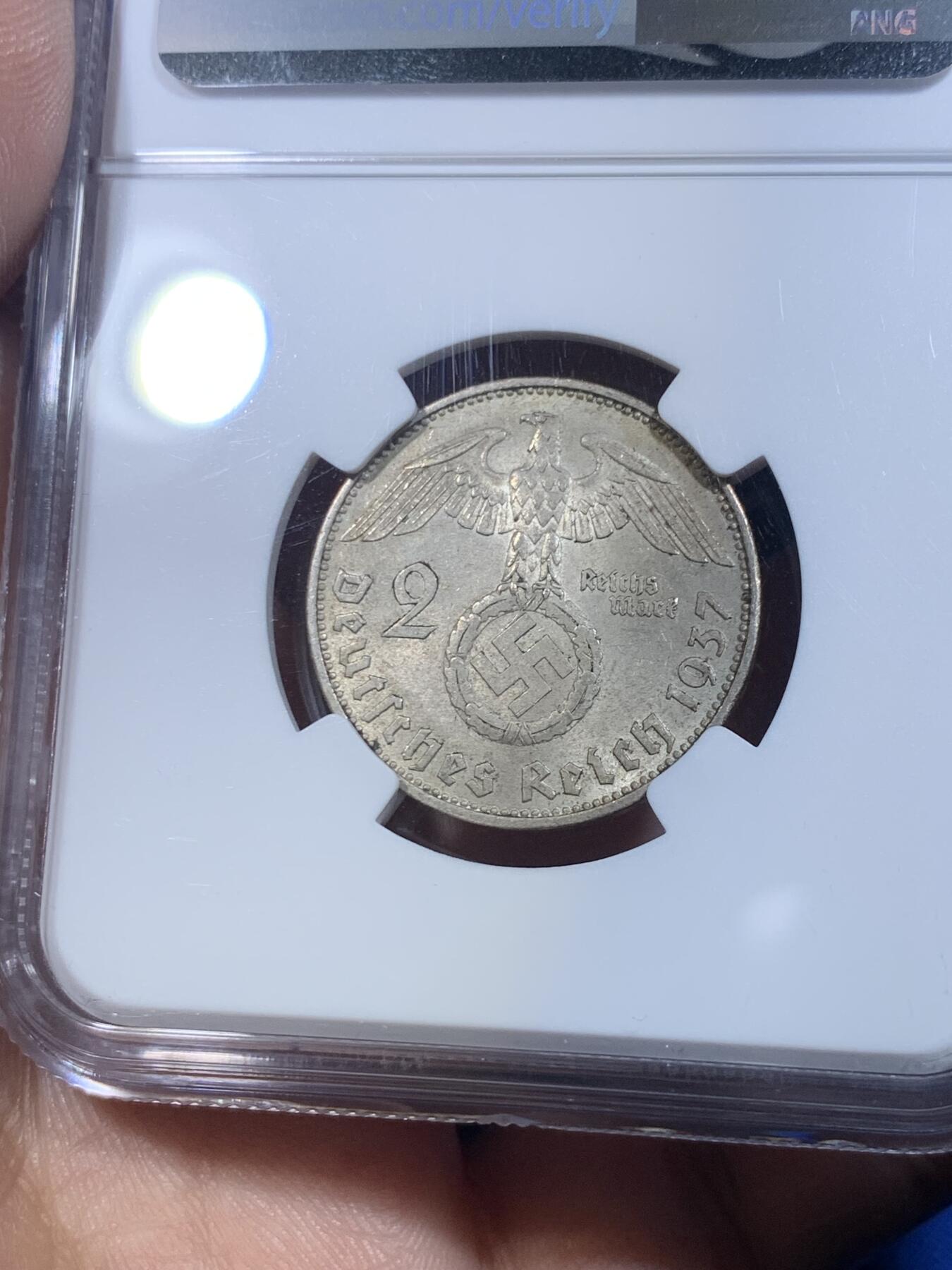 《竞宝斋》第269场- 周日，周一，周二  3场连拍 （全场包邮） NGC MS64 1937年德国2马克银币 BU五彩车轮光 老盒低评