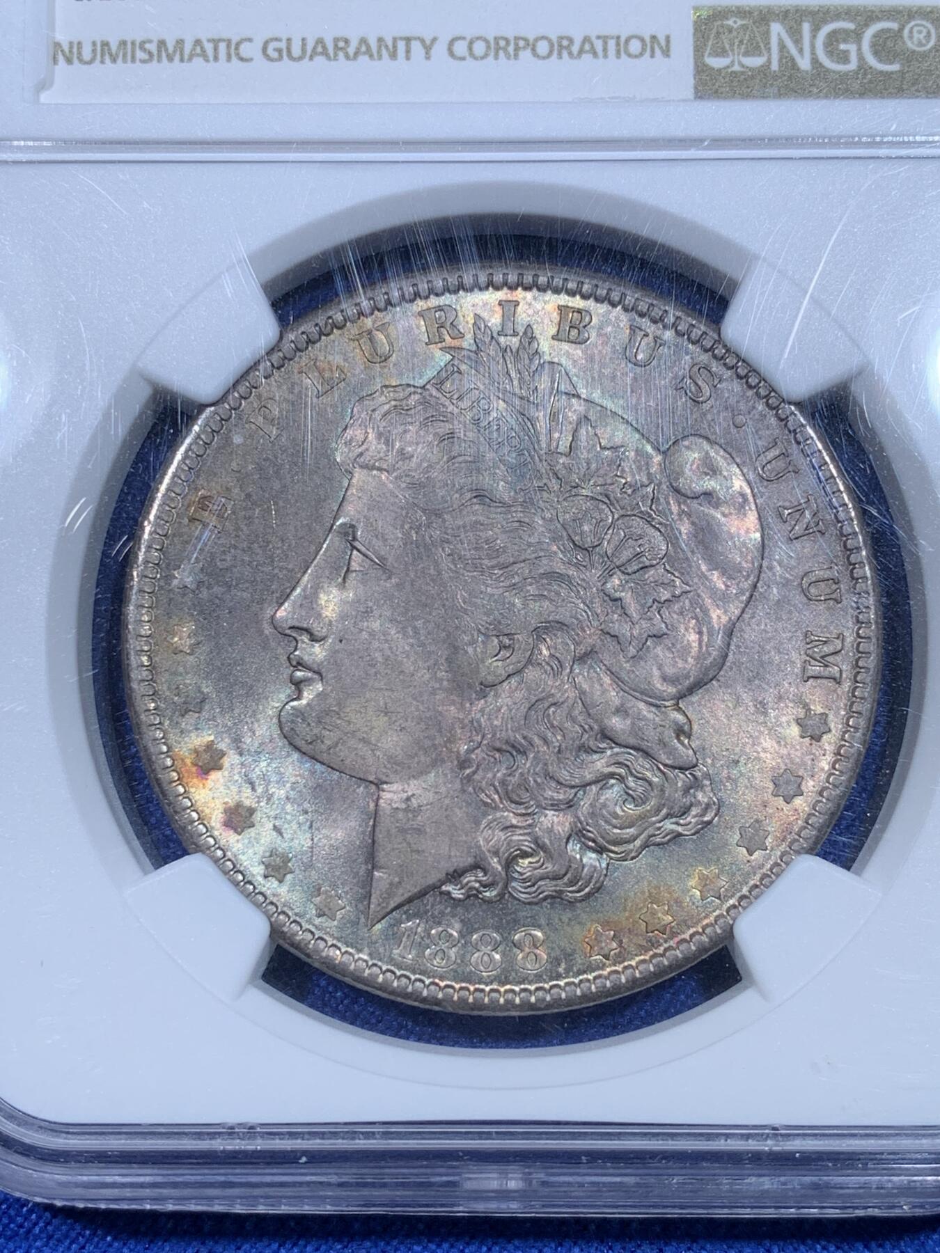 《竞宝斋》第269场- 周日，周一，周二  3场连拍 （全场包邮） NGC MS64 美国 1888年 摩根银币 原味五彩 美轮美奂