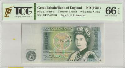PThappally收藏第32次拍卖，英联邦地区硬币纸币 - GREAT BRITAIN, Bank of England 1981 1 Pound Pick 377b, Sign. D.H.F. Somerset N/S # BT57 407104, TQG 66 EPQD Gem UNC