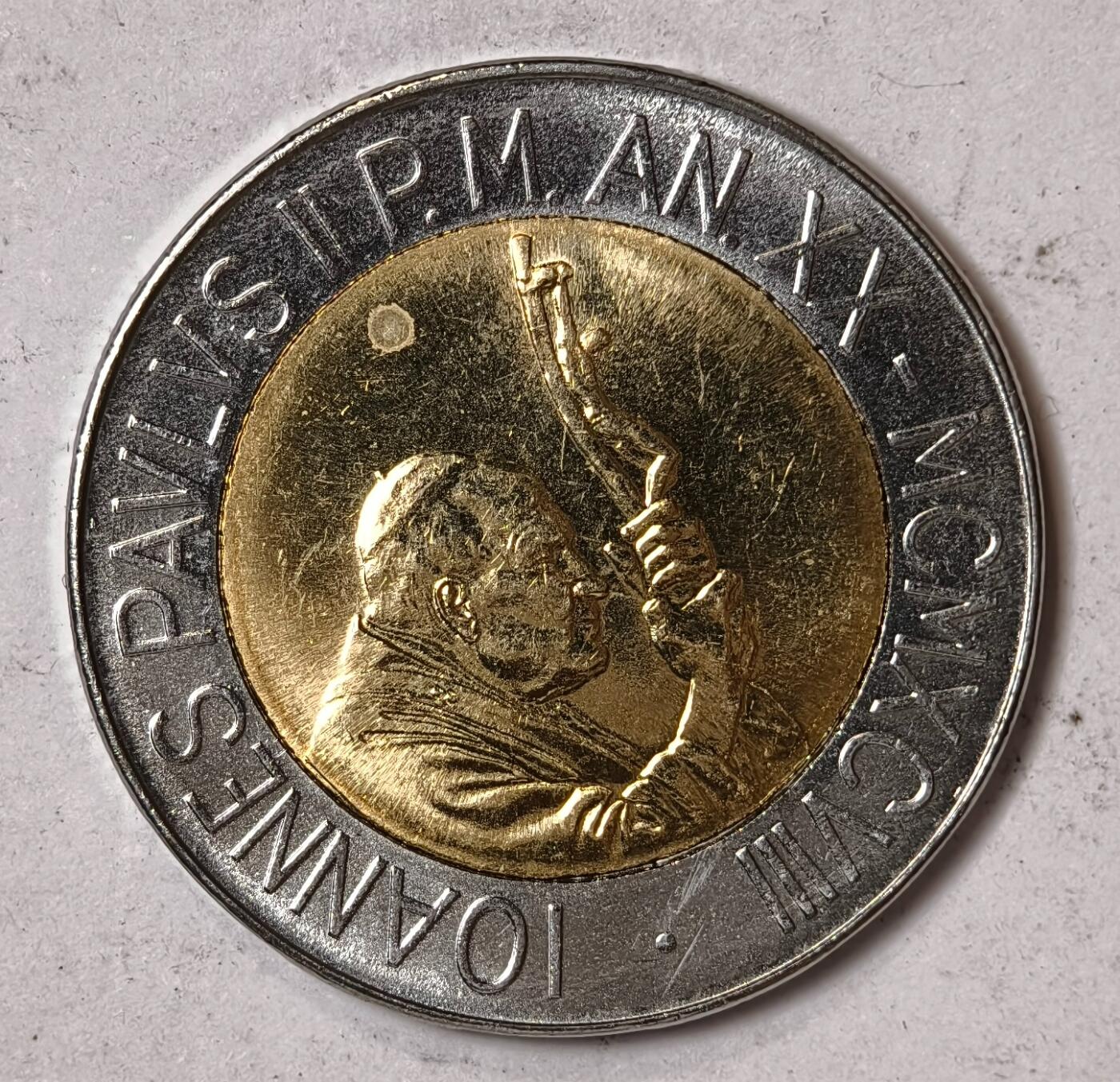 紫瑗钱币——第352期拍卖 梵蒂冈 1998年 保罗二世 2个农民 500里拉 双色币 UNC