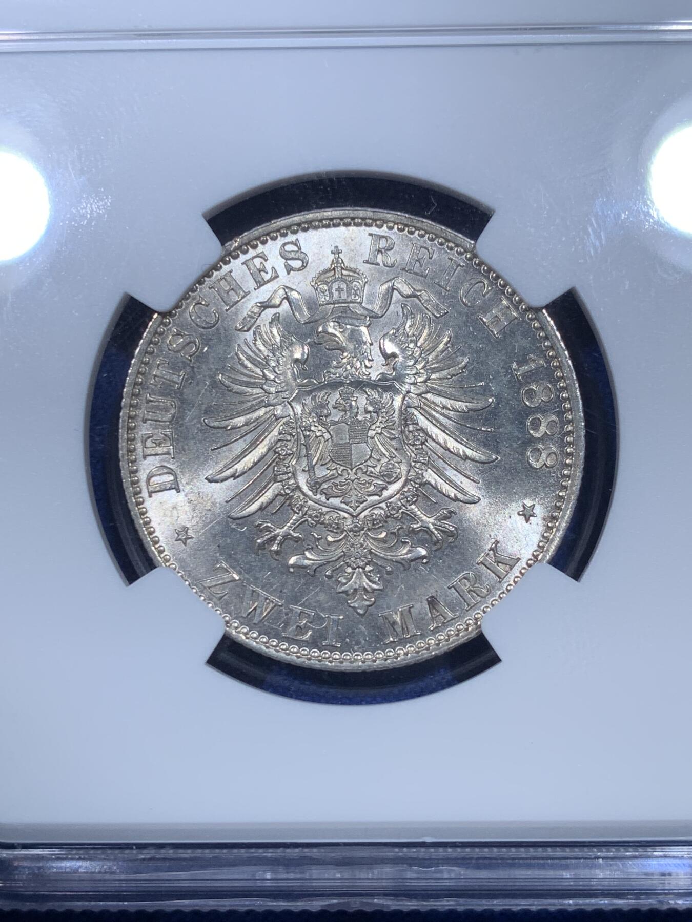 《竞宝斋》第269场- 周日，周一，周二  3场连拍 （全场包邮） NGC UNCD 德国普鲁士1888年短翅2马克银币 转光流畅