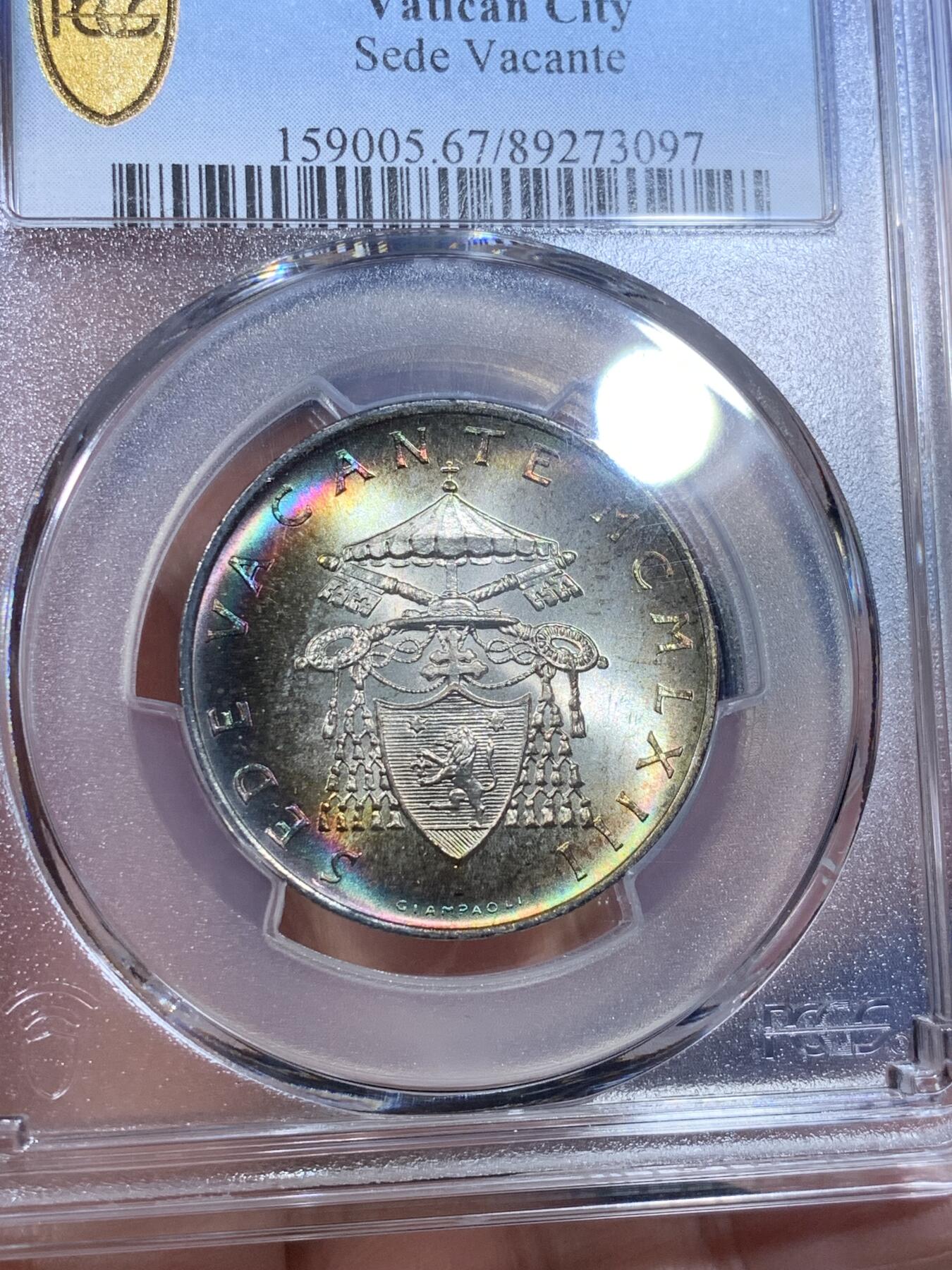 《竞宝斋》第269场- 周日，周一，周二  3场连拍 （全场包邮） PCGS MS67 梵蒂冈1963年缺位500里拉银币 高分亚军分 单面环彩