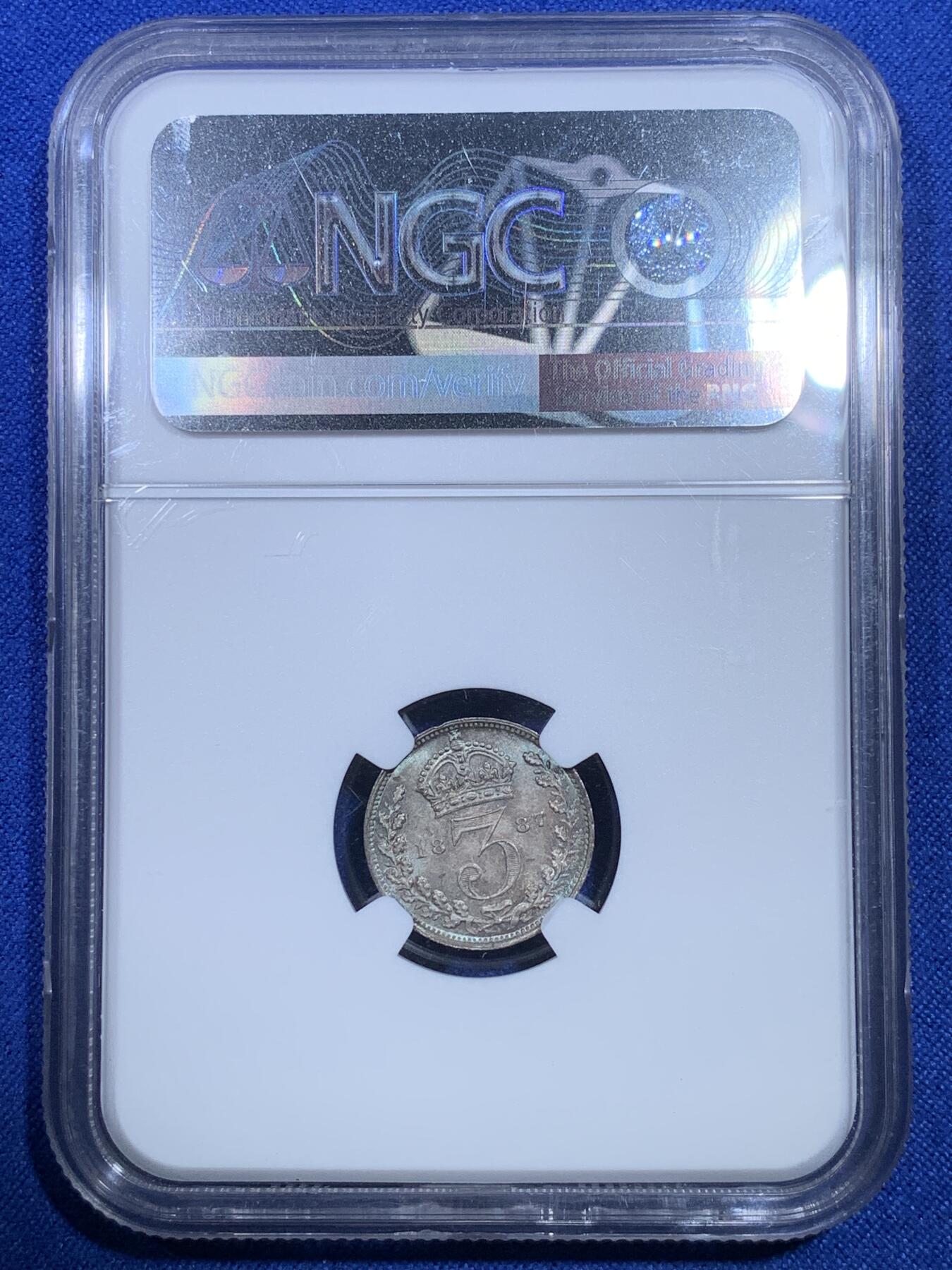 《竞宝斋》第269场- 周日，周一，周二  3场连拍 （全场包邮） NGC MS65+ 英国1887年维多利亚高冠3便士银币 高分极致五彩