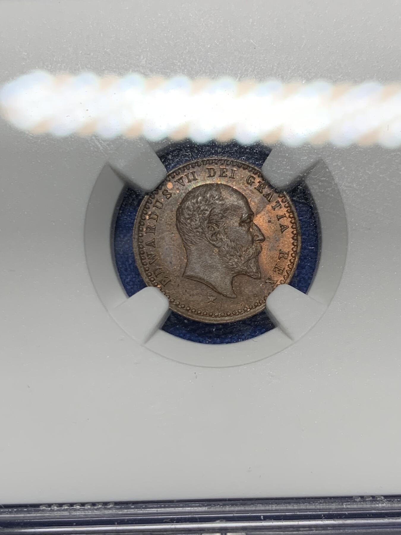 《竞宝斋》第269场- 周日，周一，周二  3场连拍 （全场包邮） NGC MS63BN 英国1902年爱德华七世登基纪念半法新铜币 最小的马剑