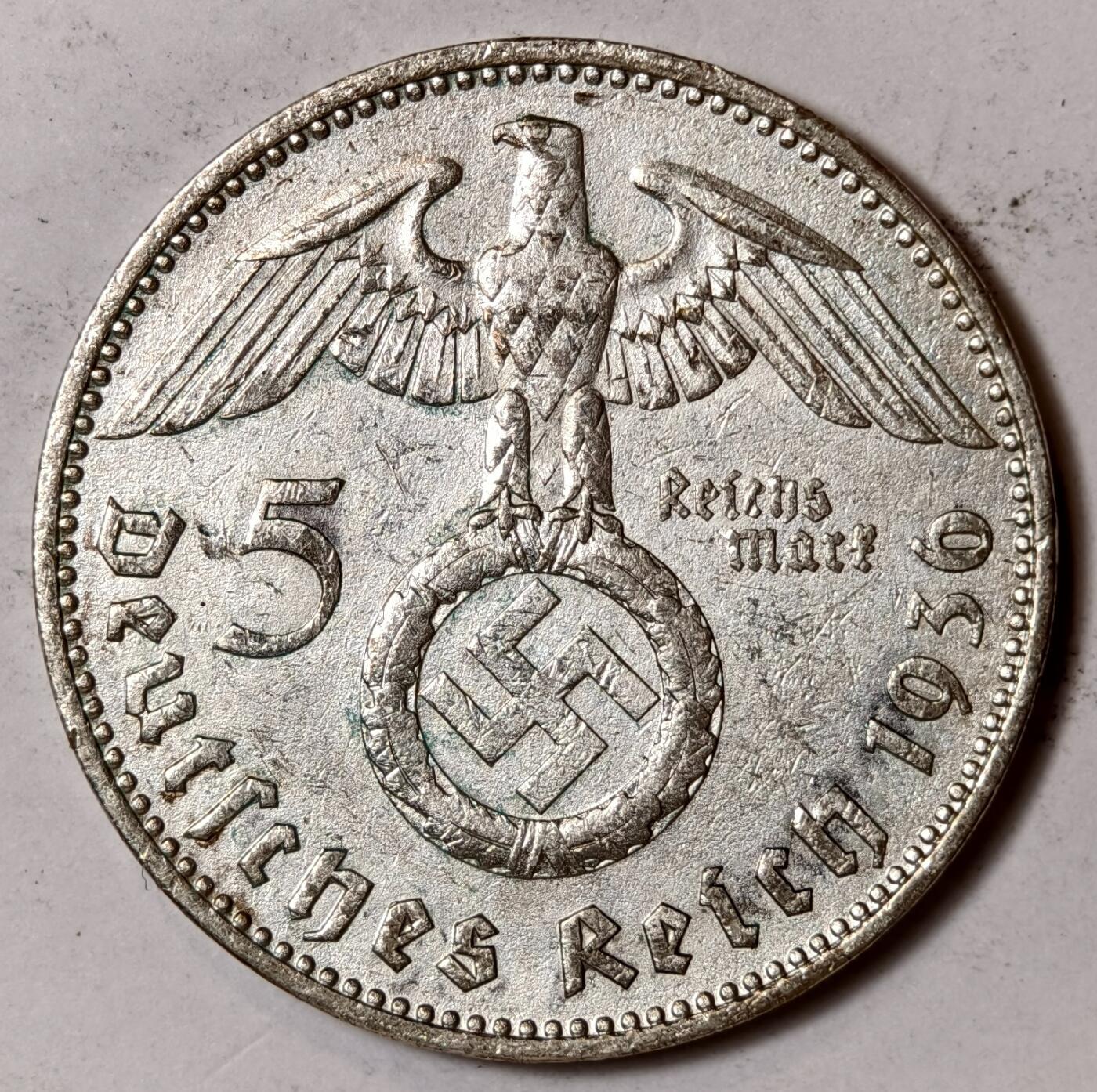 紫瑗钱币——第352期拍卖 德国 1936年 J版 兴登堡 字符 5马克 13.9克 0.9银