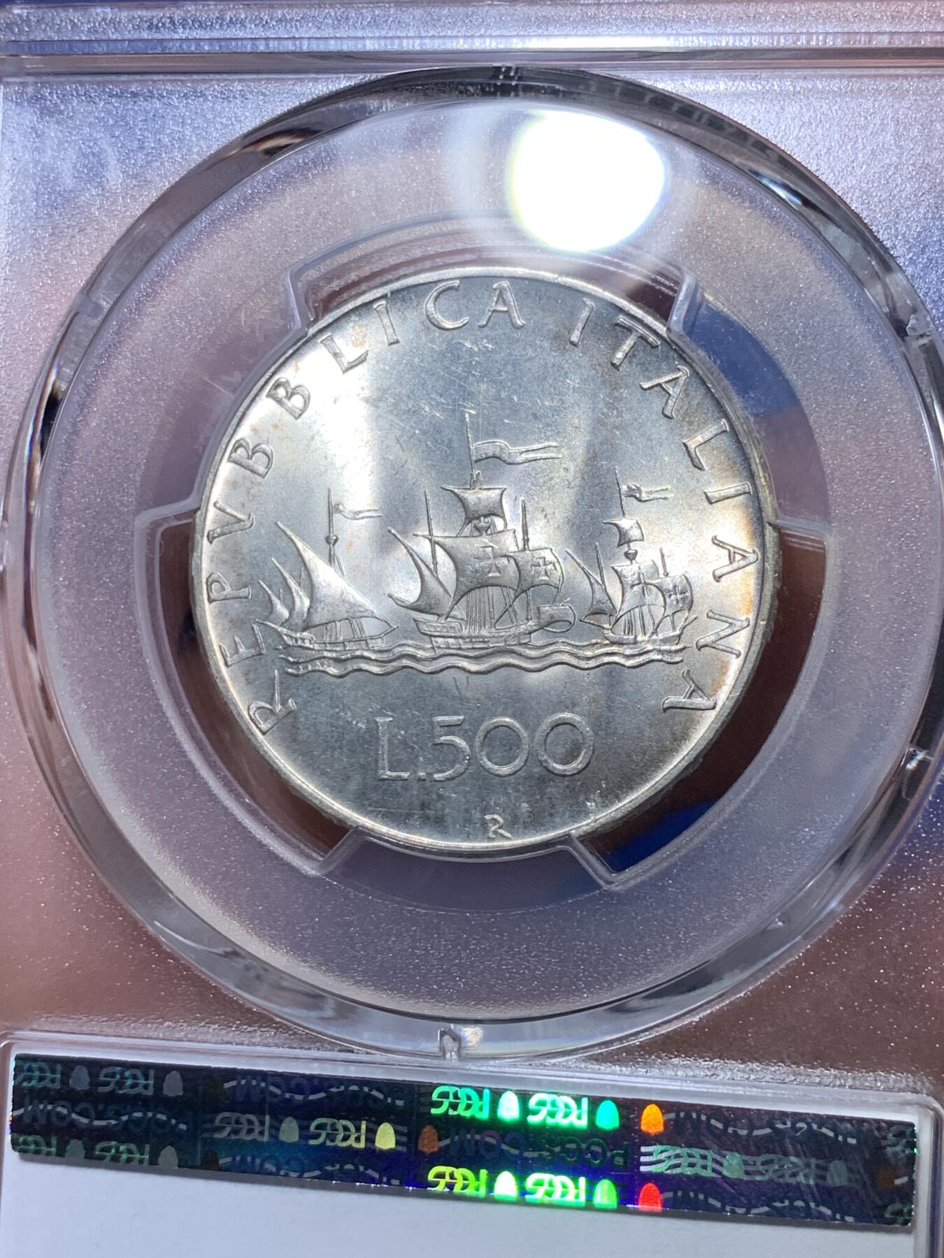 《竞宝斋》第269场- 周日，周一，周二  3场连拍 （全场包邮） PCGS MS65 意大利1966年500里拉人妻帆船银币 单面紫罗兰彩