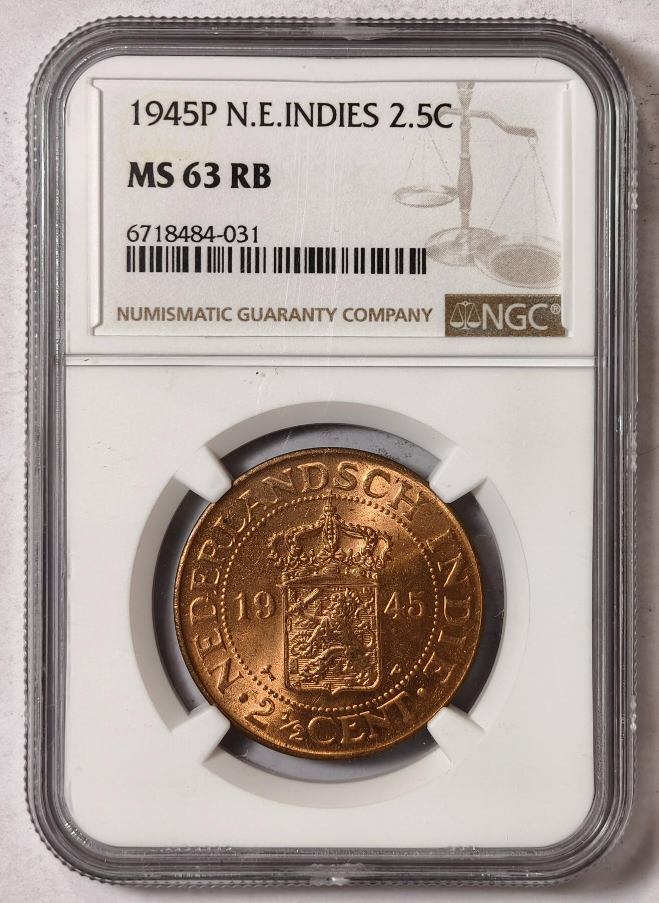紫瑗钱币——第352期拍卖 荷属东印度 1945年 P版 2.5分 铜币 NGC MS63 RB