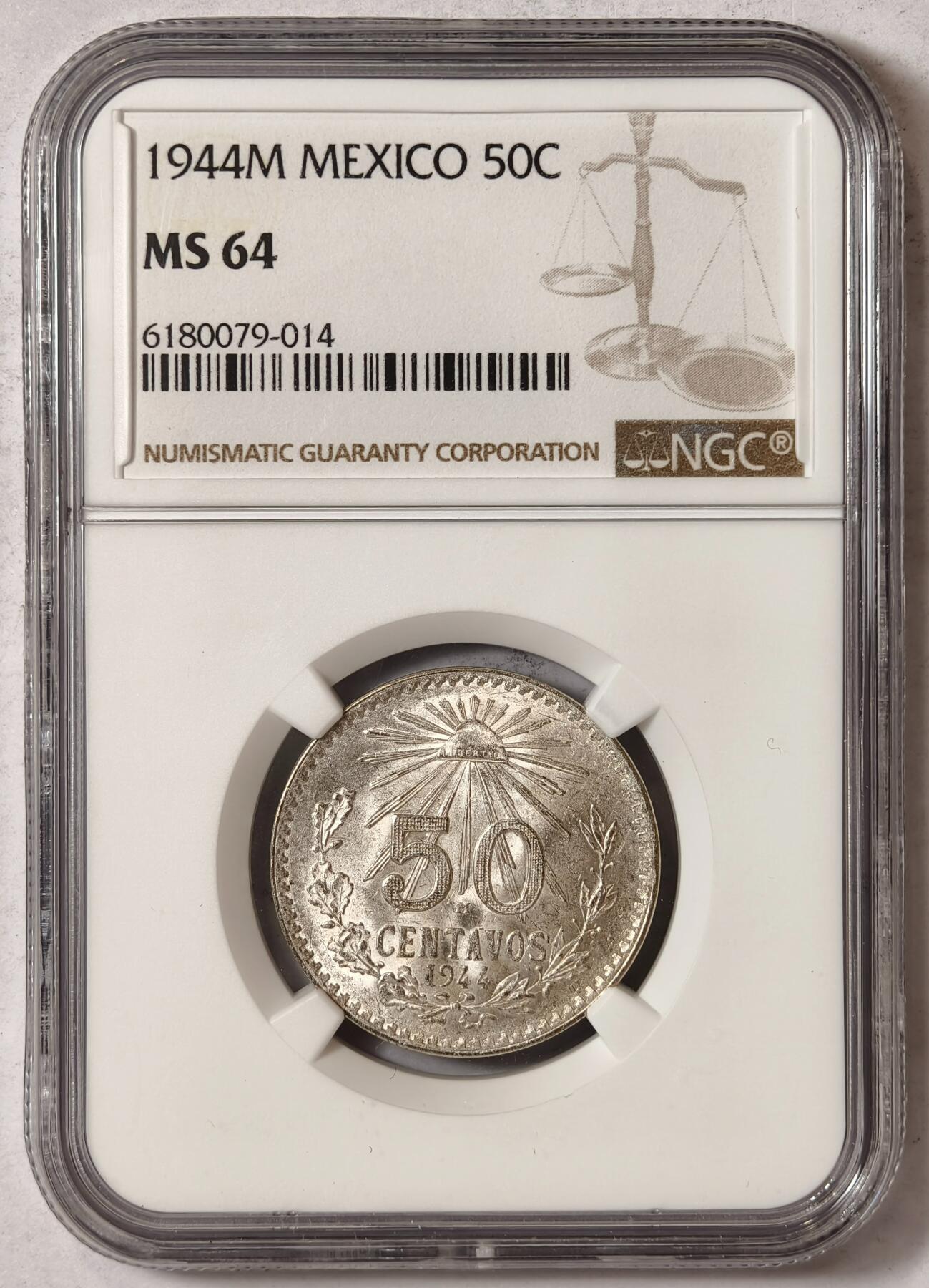 紫瑗钱币——第352期拍卖 墨西哥 1944年 M版 鹰洋 50分 银币 NGC MS64