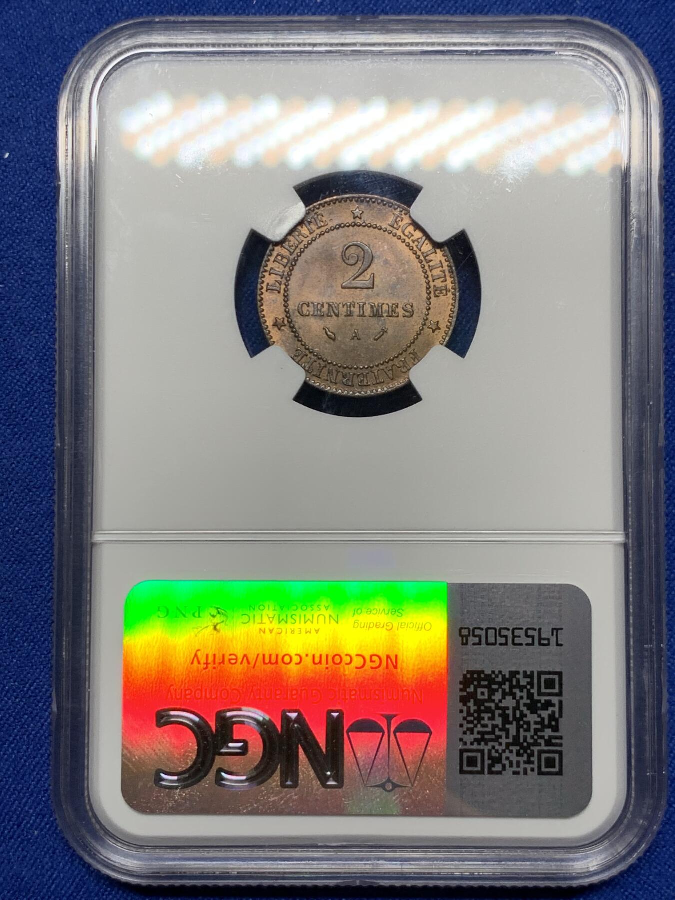 《竞宝斋》第269场- 周日，周一，周二  3场连拍 （全场包邮） NGC MS64BN 法国1886年谷物女神2C铜币 更高分仅一枚 亚军分