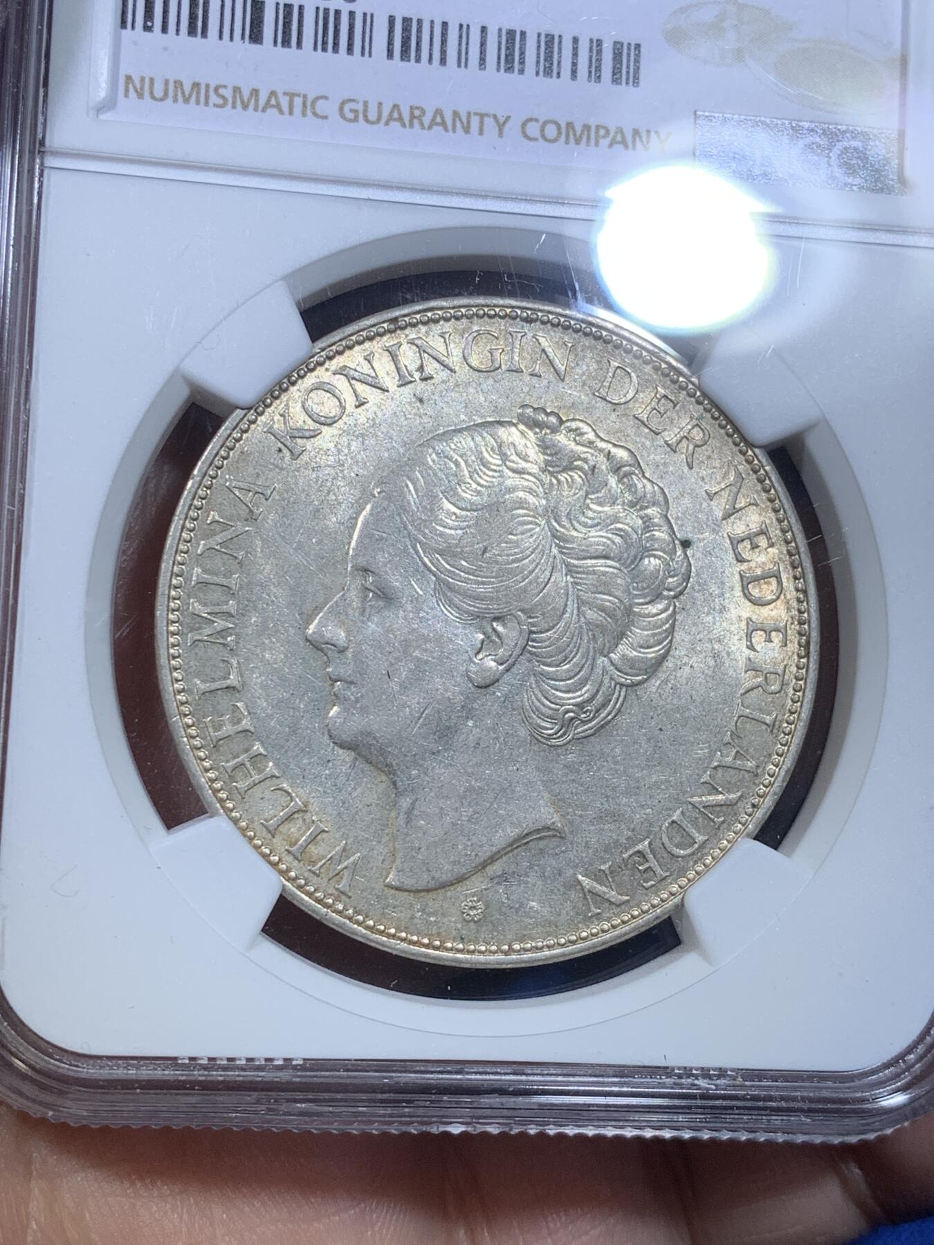 《竞宝斋》第269场- 周日，周一，周二  3场连拍 （全场包邮） NGC AU58 荷兰1939年女王威廉米娜2.5盾银币