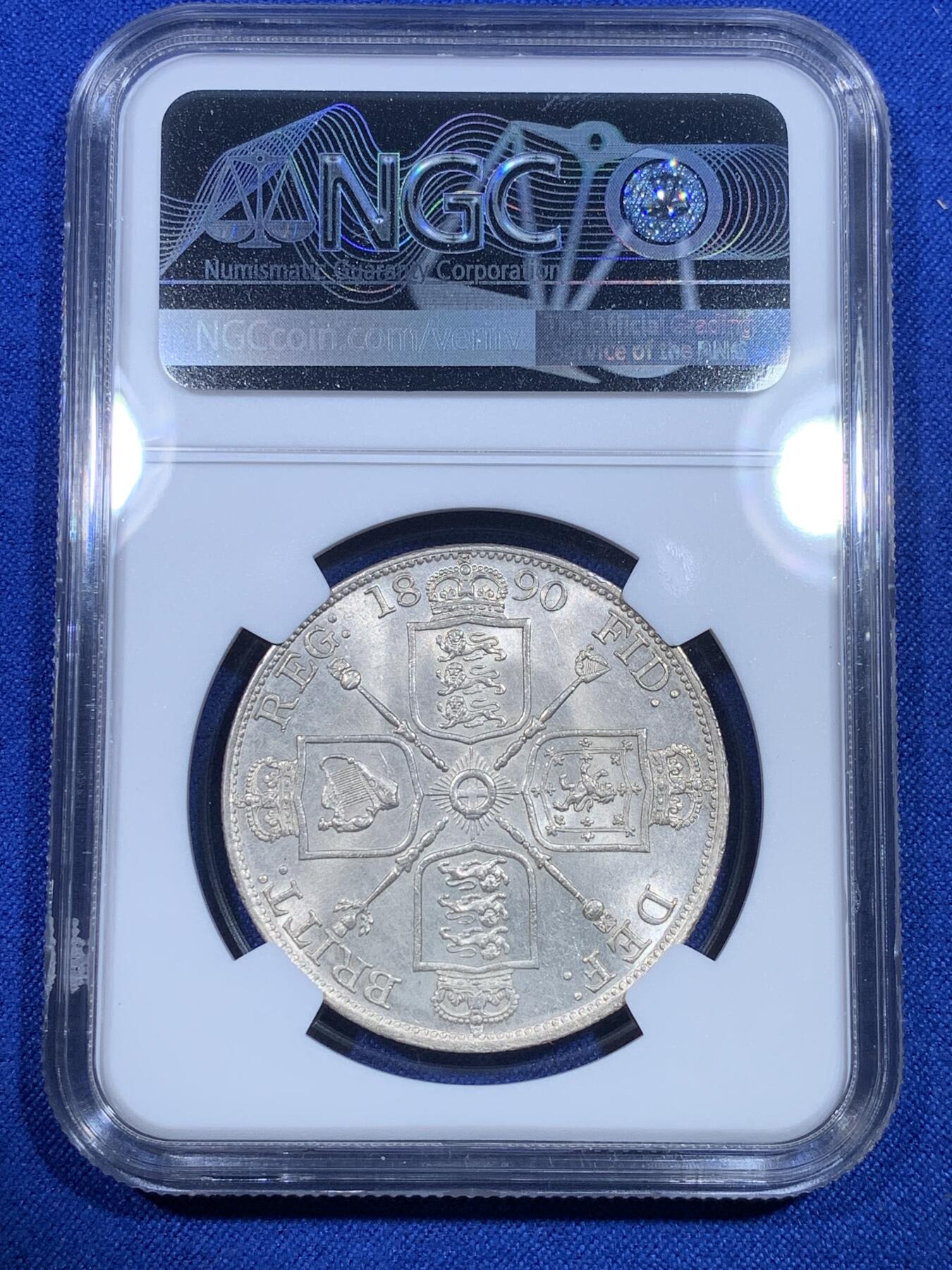 《竞宝斋》第269场- 周日，周一，周二  3场连拍 （全场包邮） NGC MS62 英国1890年维多利亚高冠双弗洛林银币