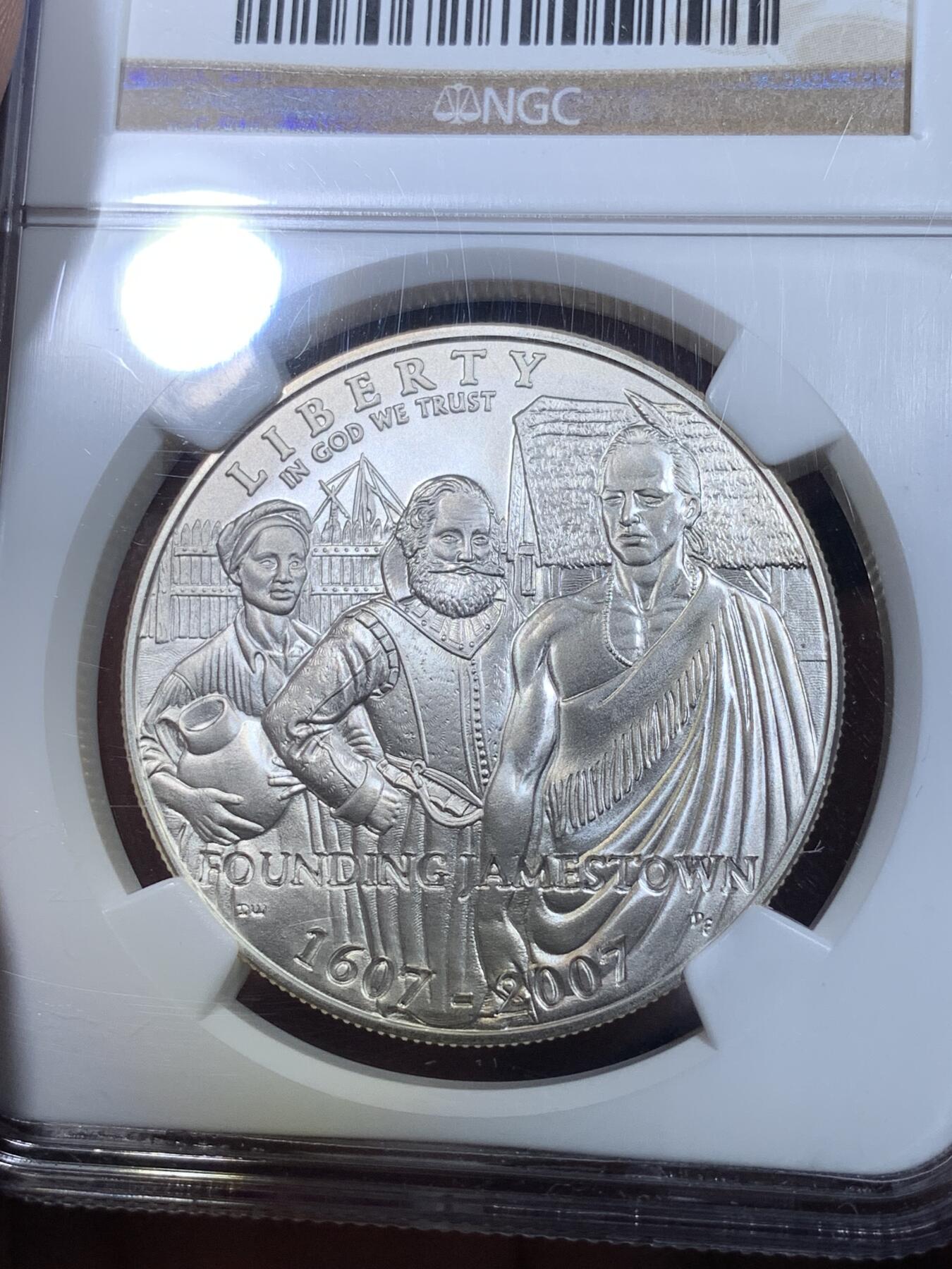 《竞宝斋》第269场- 周日，周一，周二  3场连拍 （全场包邮） NGC MS70 美国2007年詹姆斯敦建城400周年1美元磨砂银币 2009年度克劳斯世界硬币大奖赛之年度最佳历史意义银币 900银