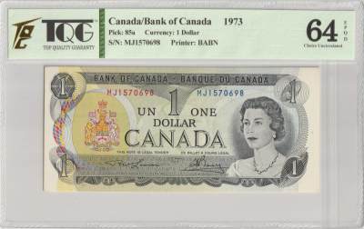 PThappally收藏第32次拍卖，英联邦地区硬币纸币 - Canada - Bank of Canada 1973 1 Dollar, Pick 85a, S/N# MJ 1570698 TQG 64 EPQD UNC 