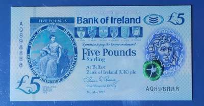 北爱尔兰 2017年 5镑 塑料钞 号码无47 数二 圆圆 倒置 狮子号 AQ898888 UNC一张～如图 - 北爱尔兰 2017年 5镑 塑料钞 号码无47 数二 圆圆 倒置 狮子号 AQ898888 UNC一张～如图