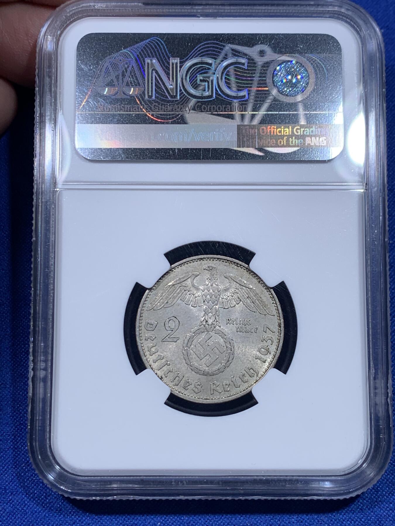 《竞宝斋》第269场- 周日，周一，周二  3场连拍 （全场包邮） NGC MS64 1937年德国2马克银币 BU五彩车轮光 老盒低评