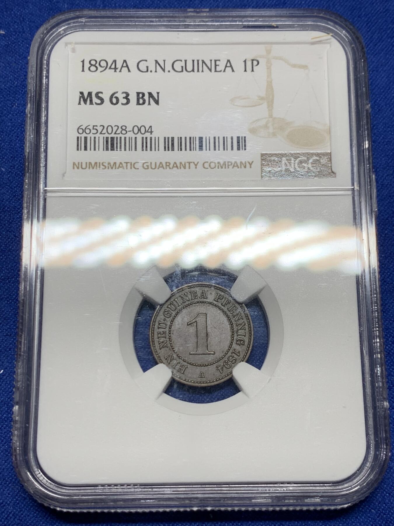 《竞宝斋》第269场- 周日，周一，周二  3场连拍 （全场包邮） NGC MS63 BN 德占新几内亚 1894 1芬尼铜币 独年高分 名誉品天堂鸟配套辅币 最近裸币成交价 157美元