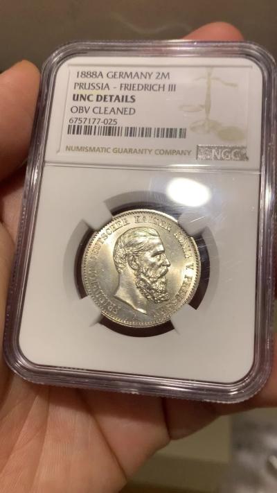 《竞宝斋》第269场- 周日，周一，周二  3场连拍 （全场包邮） NGC UNCD 德国普鲁士1888年短翅2马克银币 转光流畅