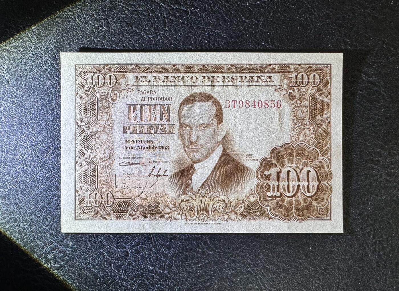 收藏联盟Quantum Auction 第347期拍卖  西班牙1955年100比塞塔 品相UNC 水印处轻微点钞痕  名模冈萨雷斯画像