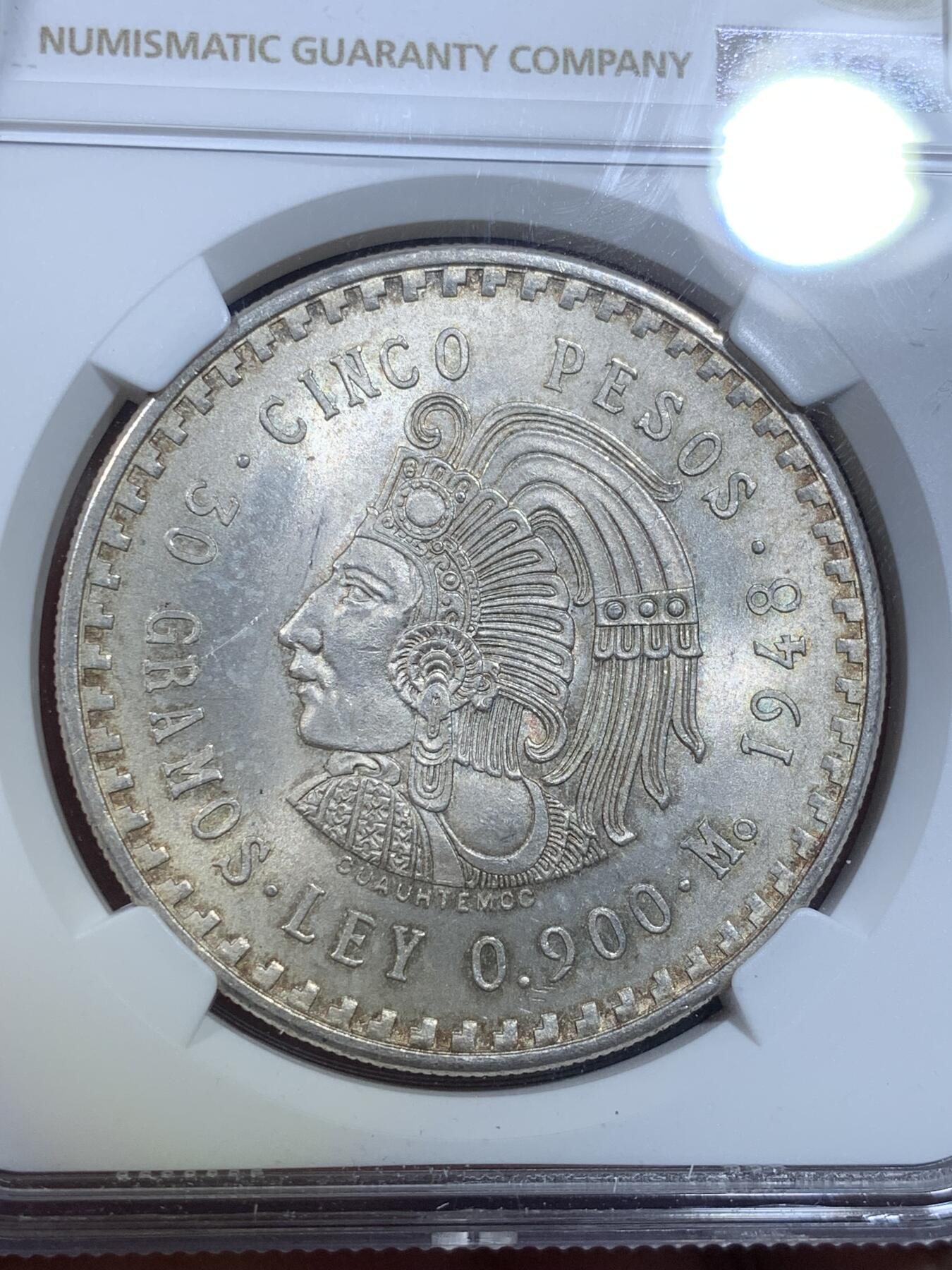 《竞宝斋》第269场- 周日，周一，周二  3场连拍 （全场包邮） NGC MS64 墨西哥1948Mo酋长头像5比索银币 老包浆