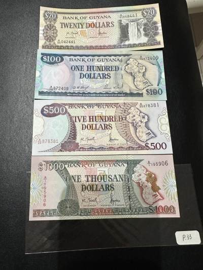 《外钞收藏家》第三百七十期（美洲纸币+其他） - 圭亚那1996渐变号码版，20/100/500/1000元，4枚难得的全套	P30-33 全新