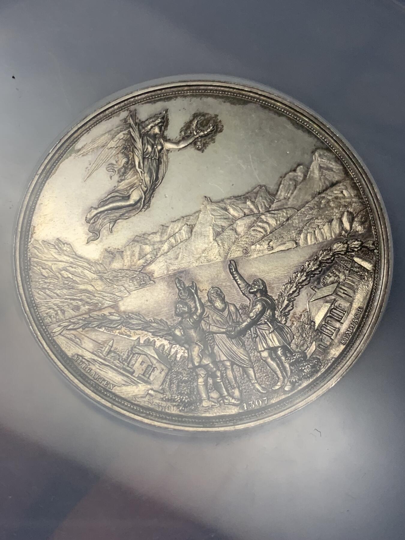 《竞宝斋》第269场- 周日，周一，周二  3场连拍 （全场包邮） NGC UNCD 1891年 瑞士联邦600周年纪念银章 镜面感强烈 背面设计极美 NGC加大盒