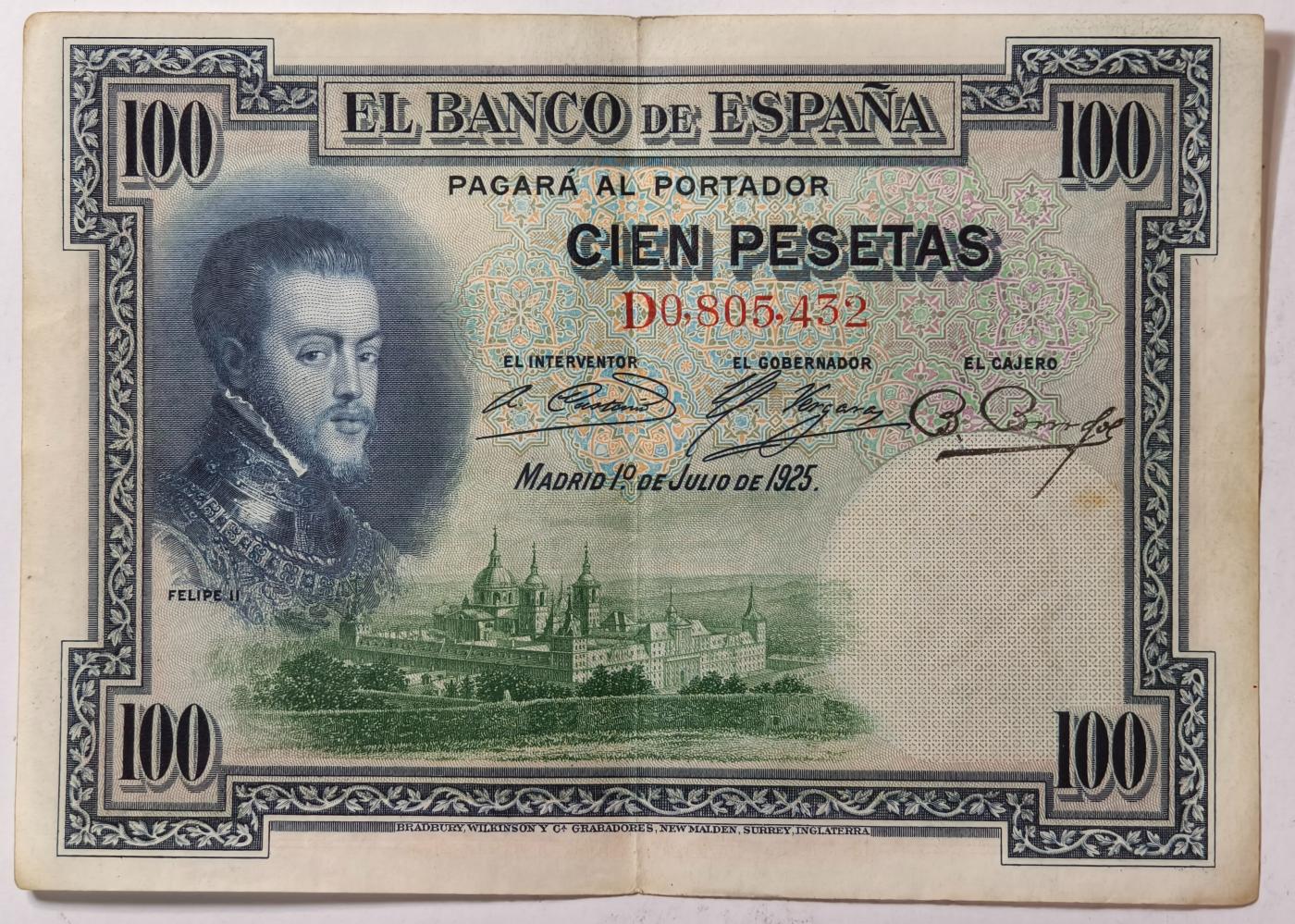 紫瑗钱币——第351期拍卖——纸币场 西班牙 1925年 油画《腓力二世的座椅》 100比塞塔 AU