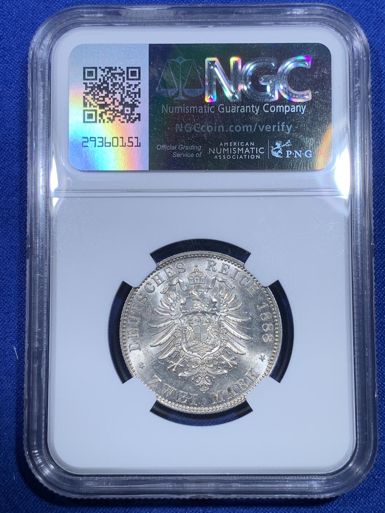 《竞宝斋》第269场- 周日，周一，周二  3场连拍 （全场包邮） NGC UNCD 德国普鲁士1888年短翅2马克银币 转光流畅