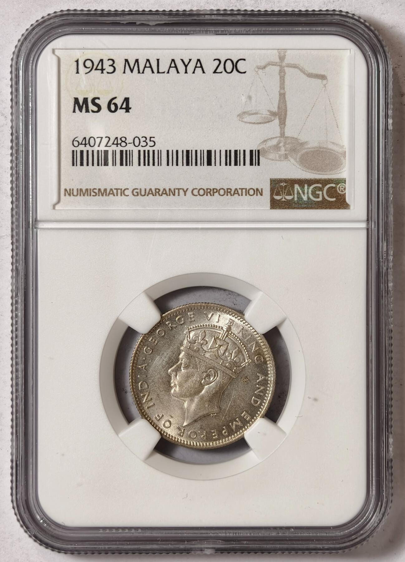 紫瑗钱币——第352期拍卖 马来亚 1943年 乔治六世 20分 银币 NGC MS64