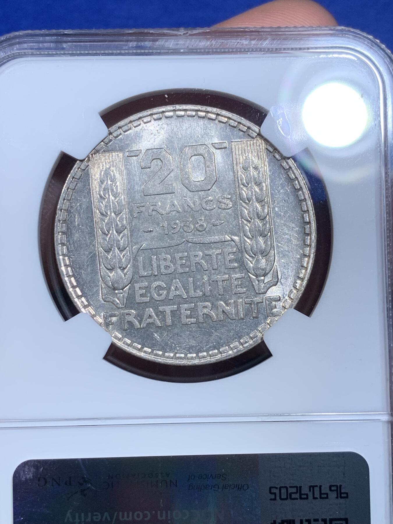 《竞宝斋》第269场- 周日，周一，周二  3场连拍 （全场包邮） NGC MS62 法国1938年谷物女神20法郎银币