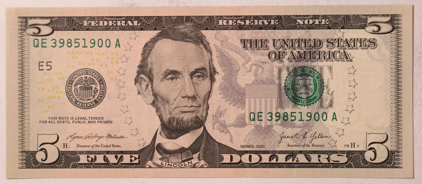 紫瑗钱币——第351期拍卖——纸币场 【双尾0】美国 2021年 E版 无序列 亚伯拉罕·林肯 5美元 彩色版 UNC