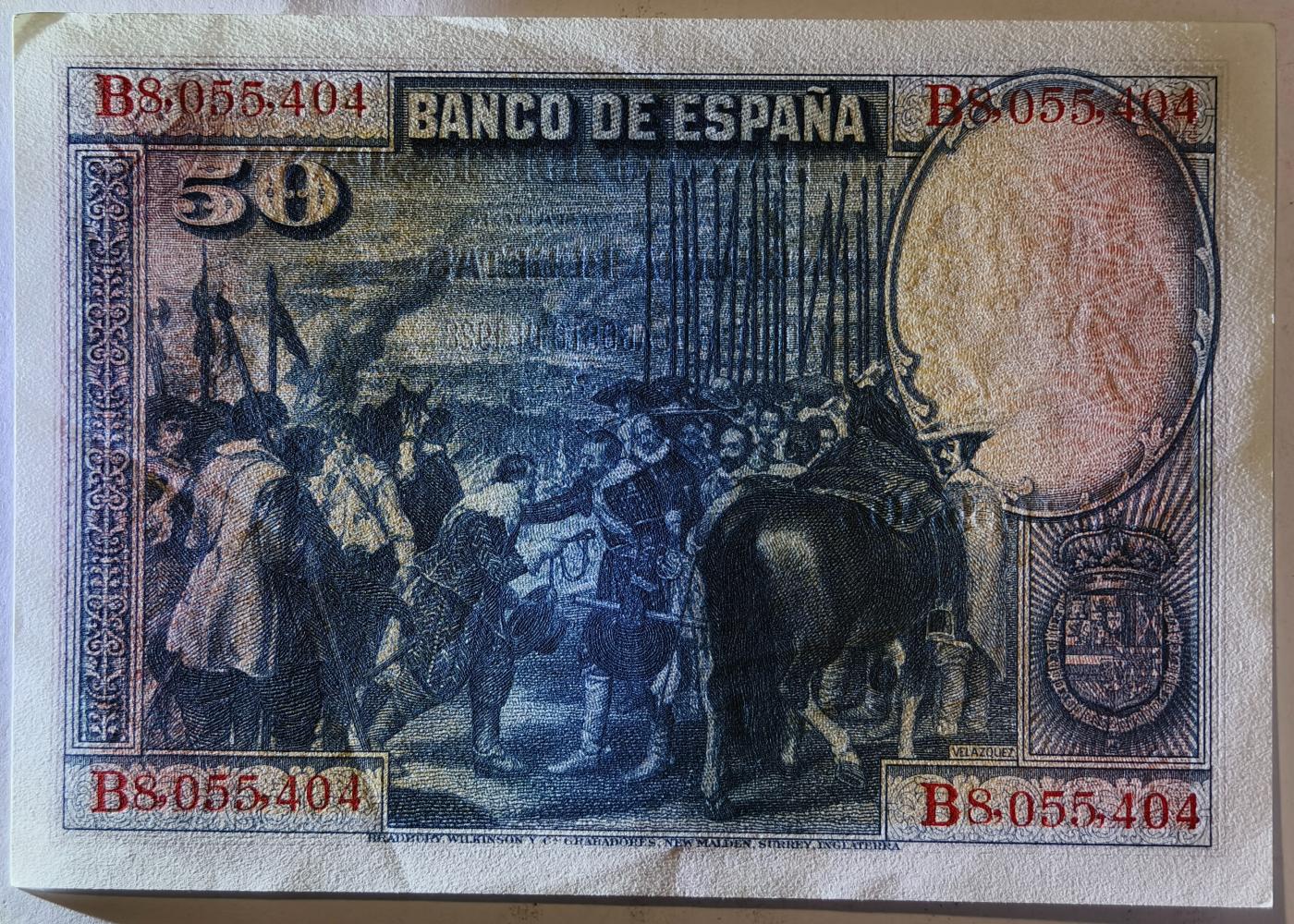 紫瑗钱币——第351期拍卖——纸币场 西班牙 1928年 油画《布雷达的献城》50比塞塔 UNC-